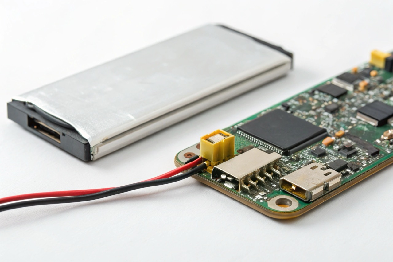 Batteria al litio interna e componenti elettronici di un registratore a lunga durata