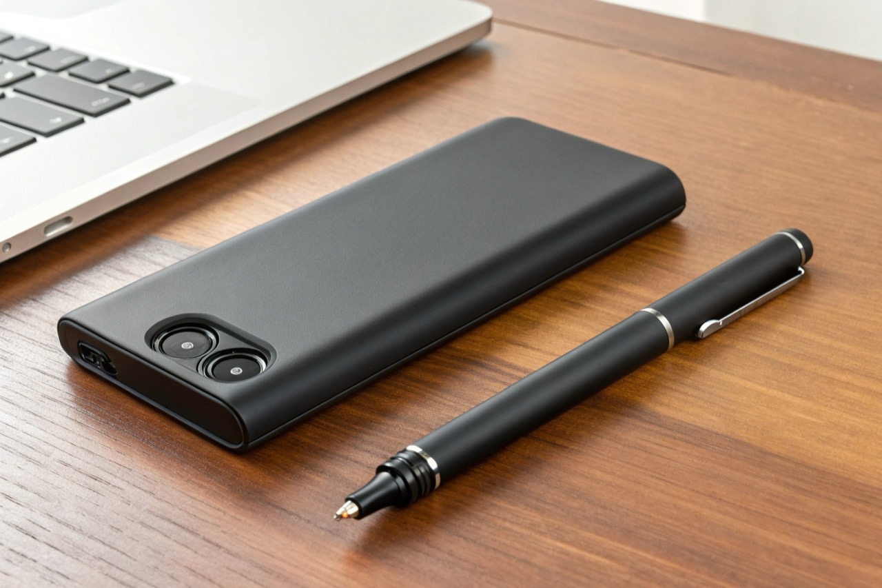 Collection of discreet 1080P hidden cameras including a power bank and a pen camera on a wooden desk