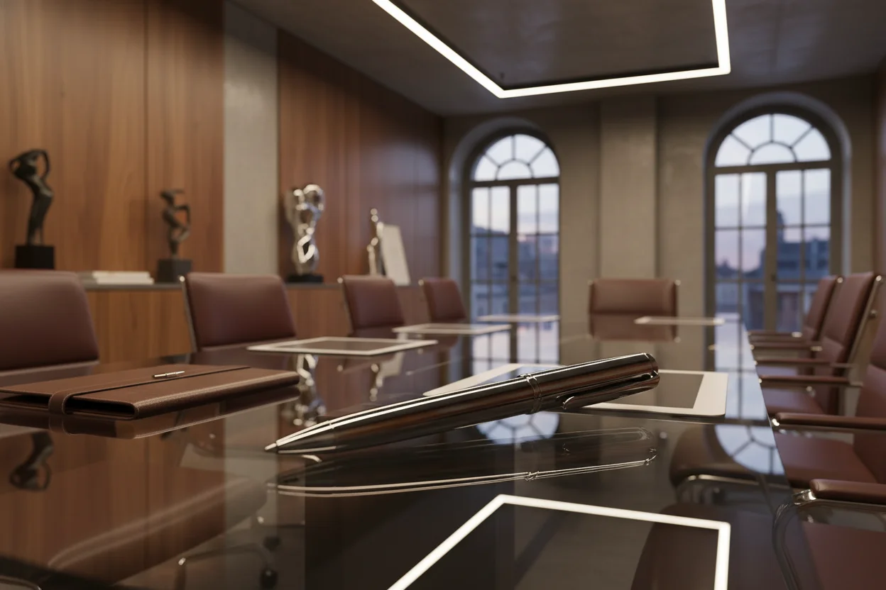 Business professional wearing a suit with a spy pen securely clipped to the breast pocket