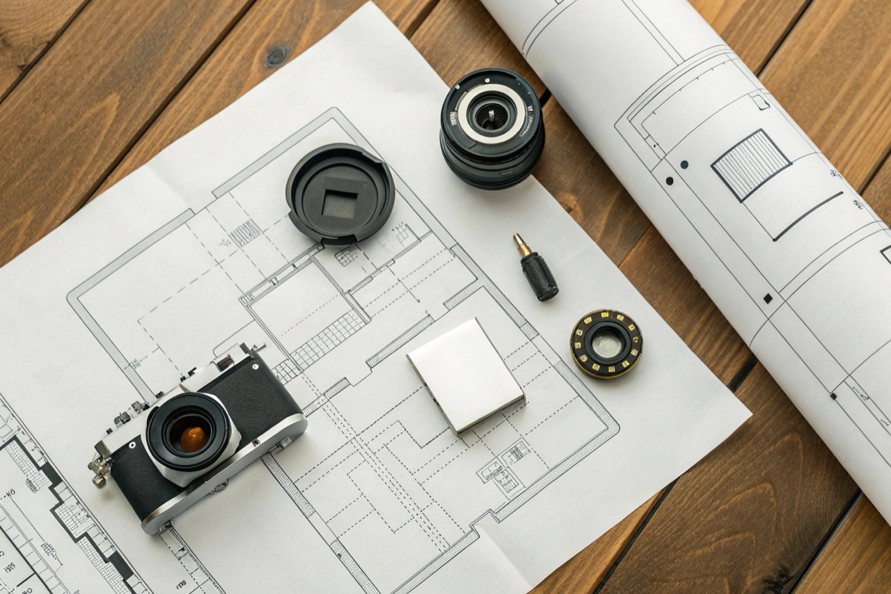 Top-down view of blueprints and high quality camera hardware parts arranged neatly for a business security plan