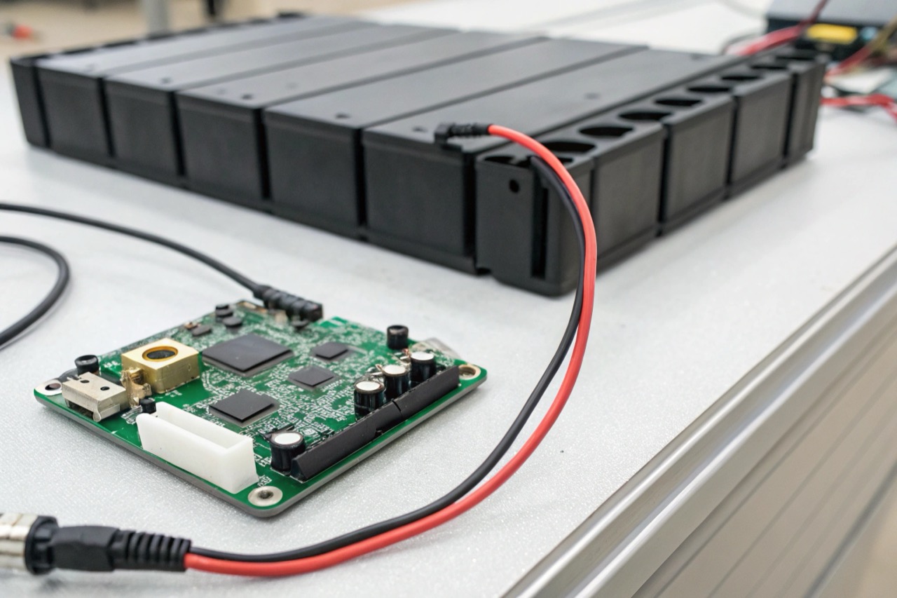 Macro shot of a high-capacity lithium battery connected to a compact Tuya smart camera module on an industrial table