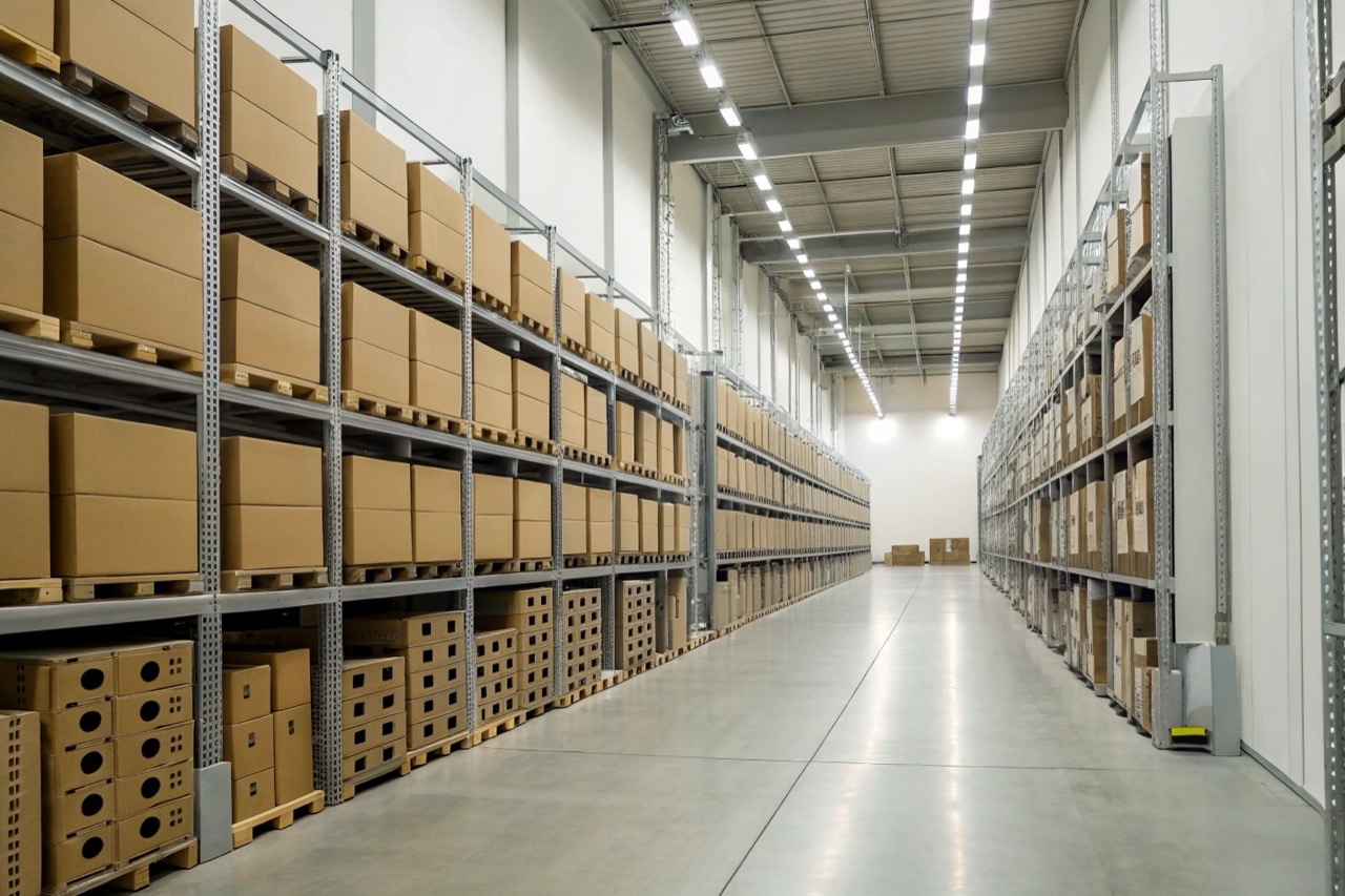 Neatly organized warehouse shelves filled with securely packaged electronic camera devices in cardboard boxes
