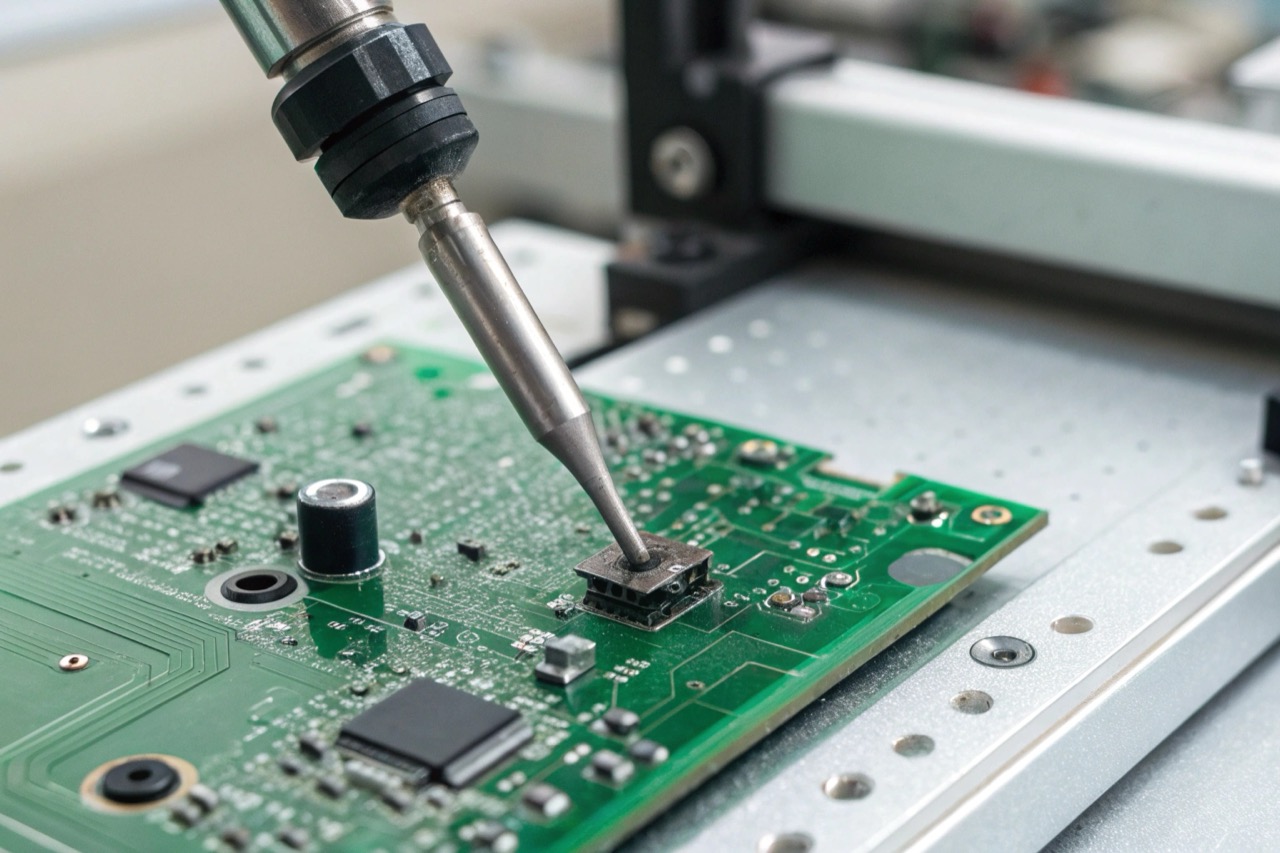 Close-up of a camera circuit board being tested