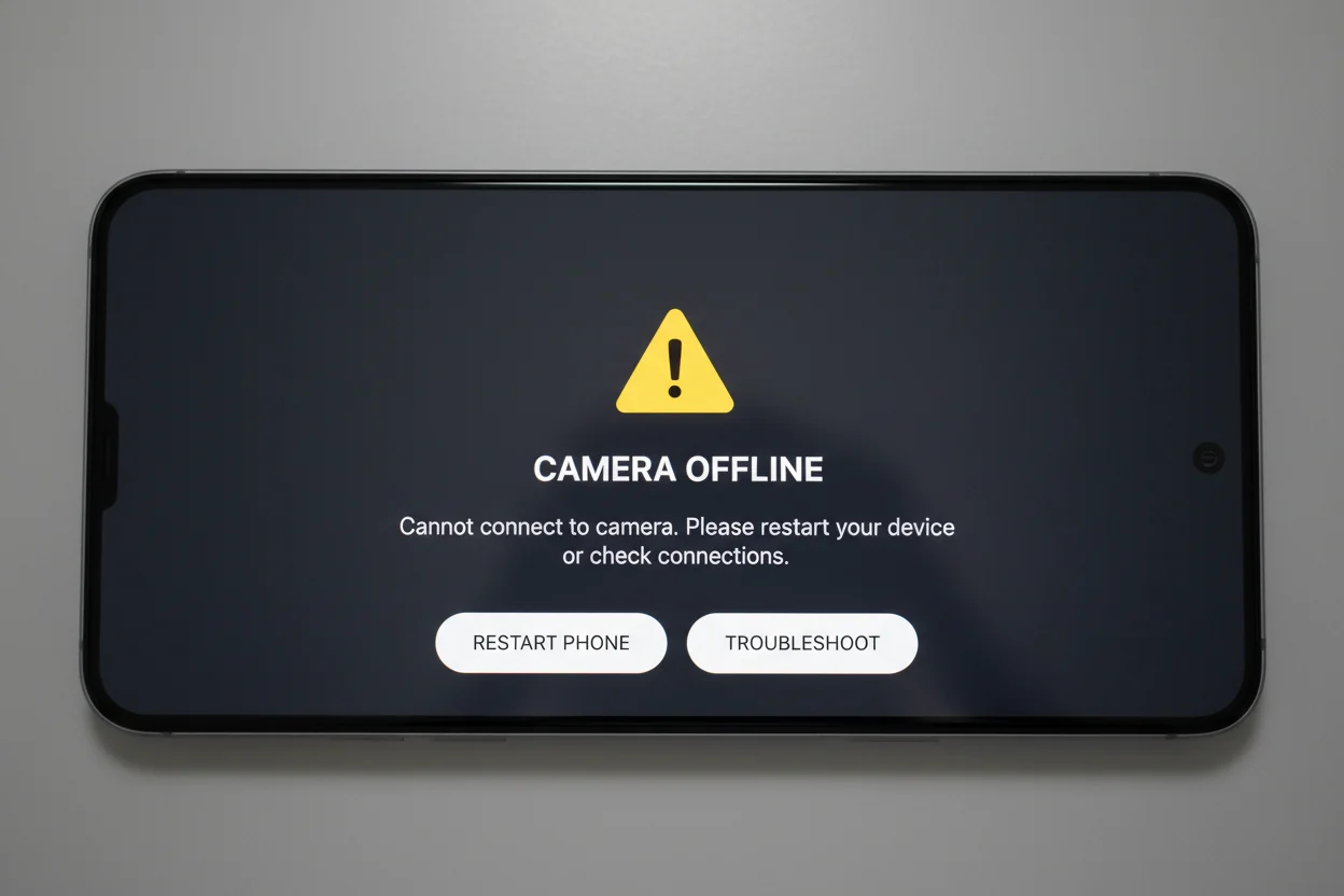 A frustrated user looking at an offline camera notification on a mobile phone
