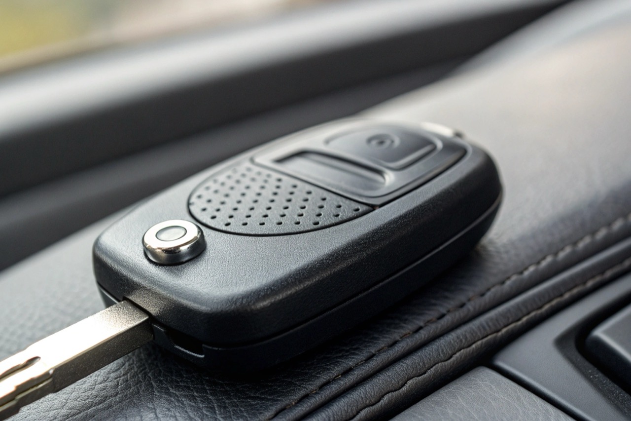 Macro shot of a car key style voice recorder showing the discreet microphone hole
