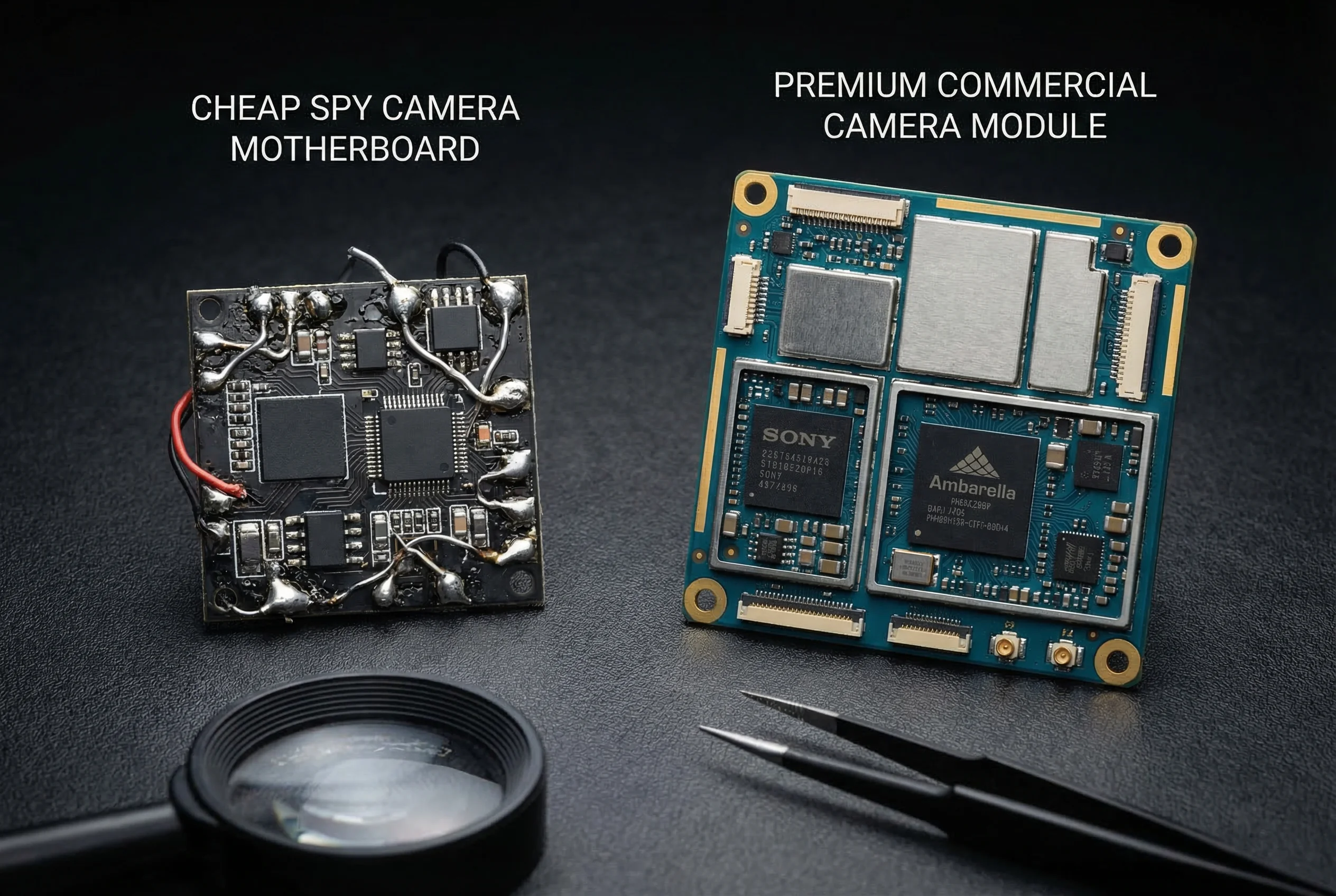 Comparison of a cheap spy camera motherboard versus a premium module