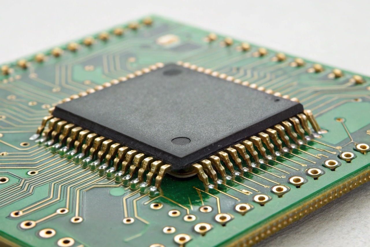 Chip DSP audio su circuito stampato verde macro fotografia