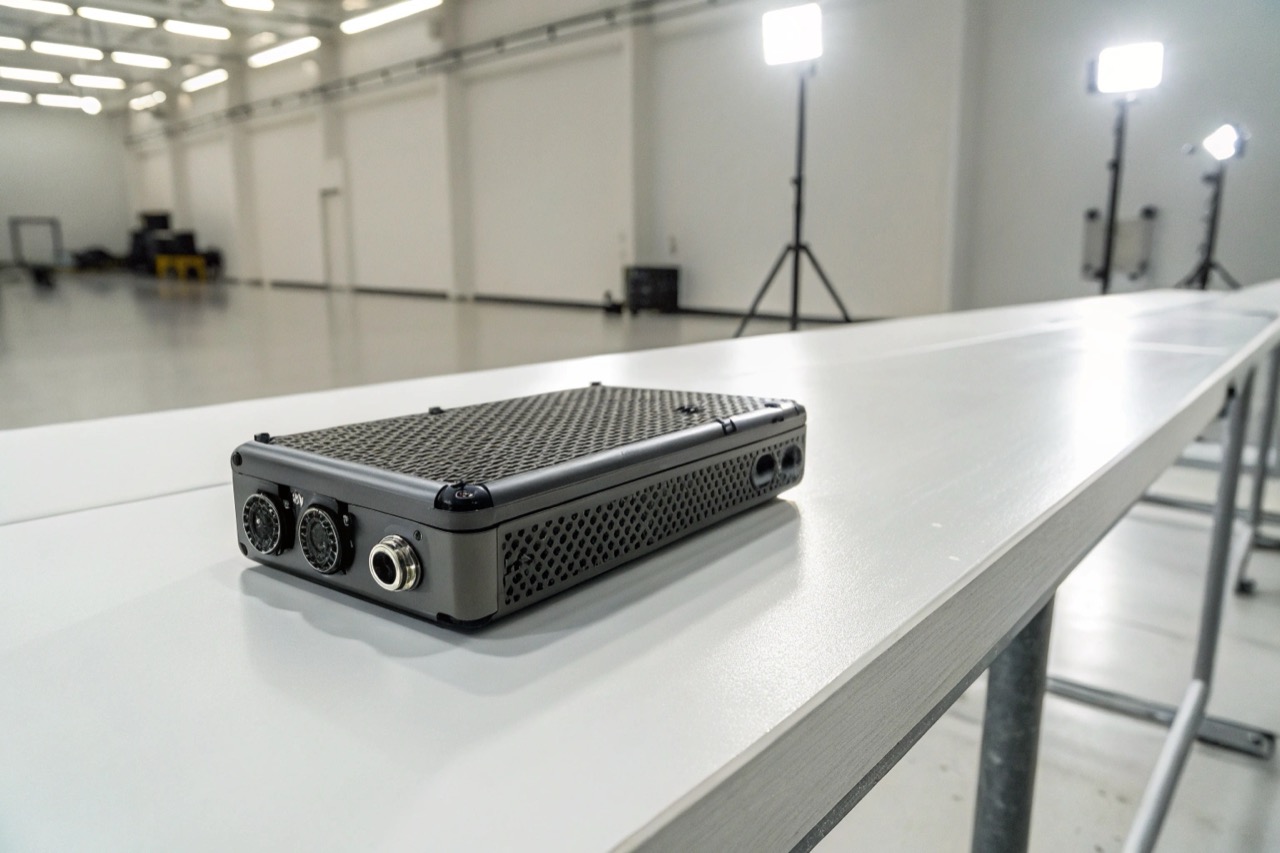 A sleek commercial mini audio recorder resting on a professional office desk next to technical blueprints