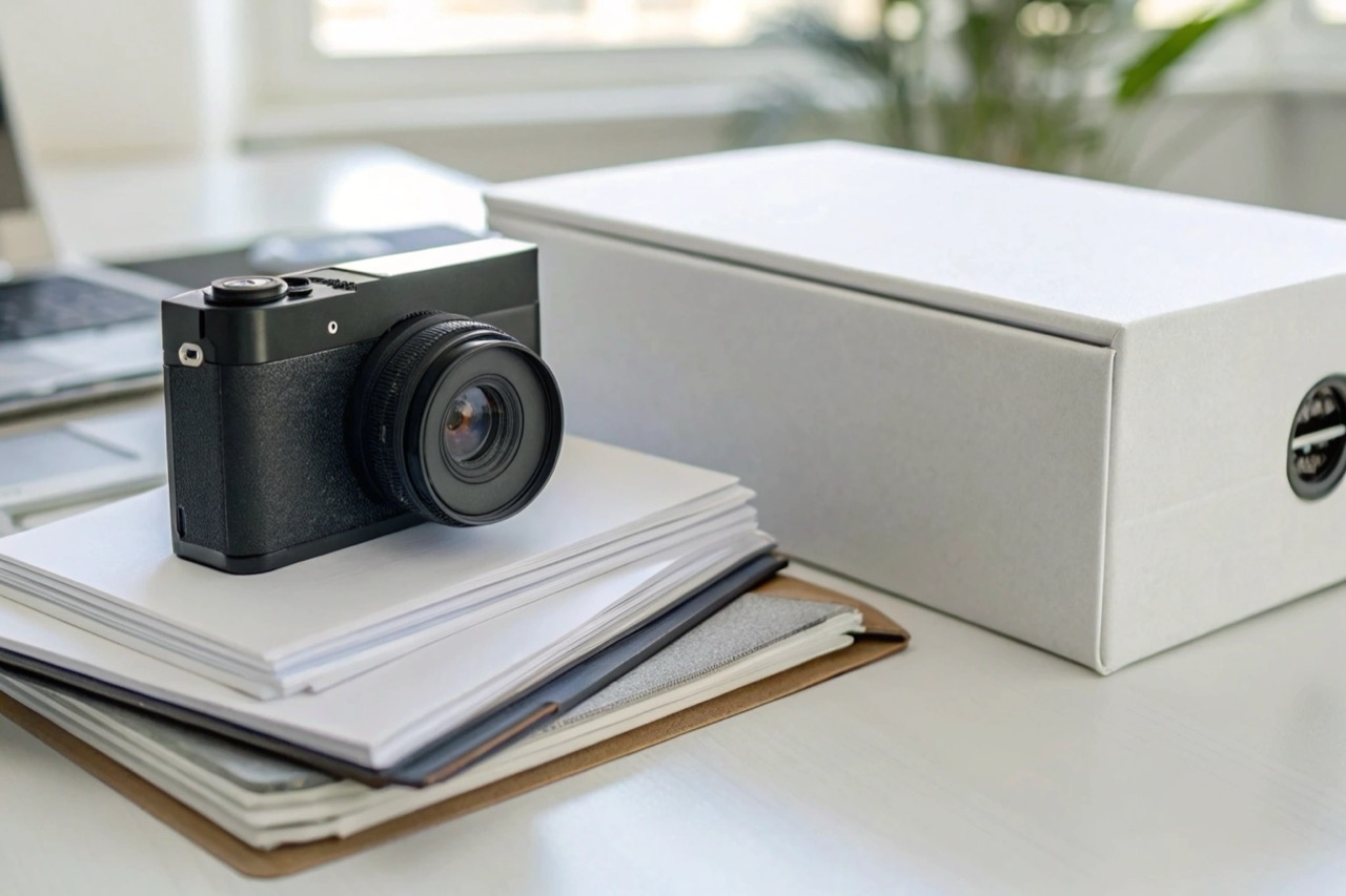 Stack of CE and ROHS certification documents next to a electronics box