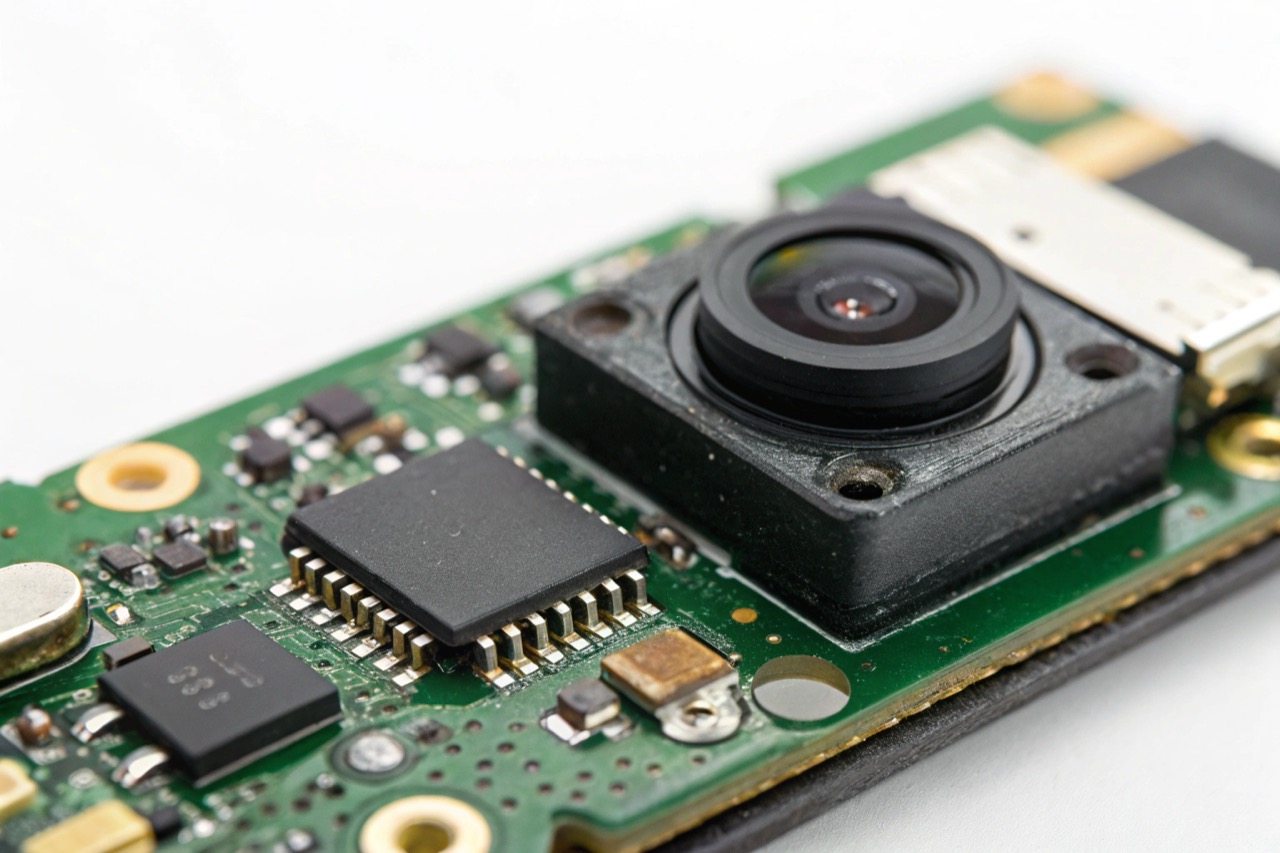 Macro fotografia di componenti interni di una penna spia inclusi sensore e chipset