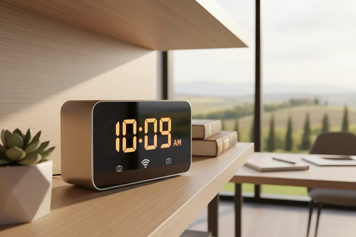 Compact Wi-Fi camera disguised as a functional digital clock on a shelf