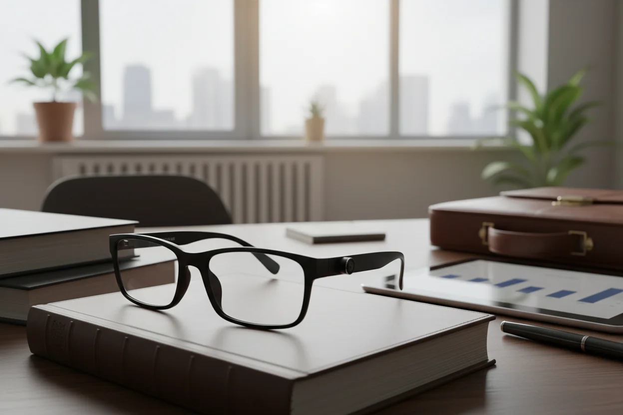 Covert video recording glasses resting on a desk