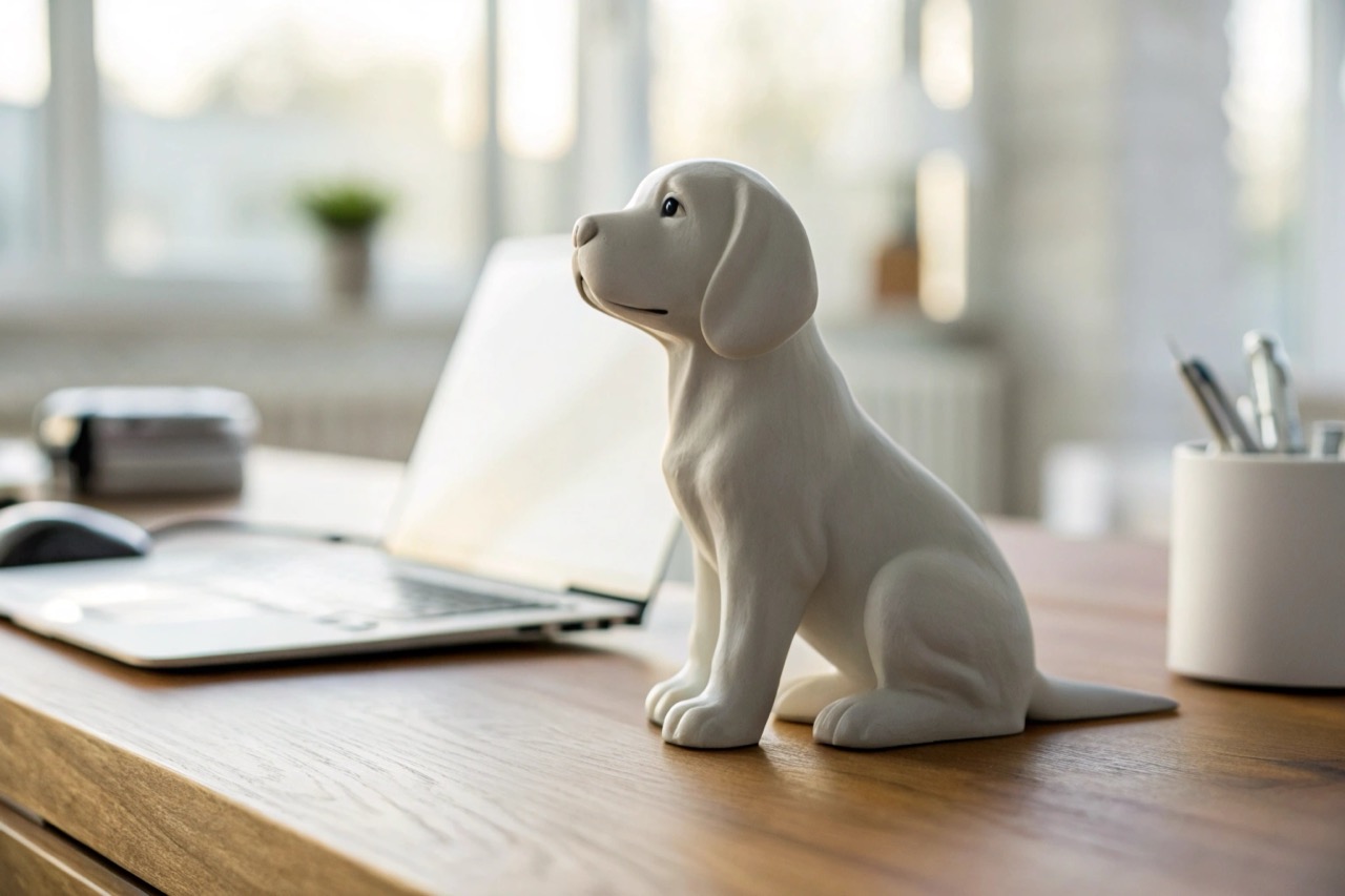 A realistic cute puppy figurine sitting on a modern office desk functioning as a hidden voice recorder