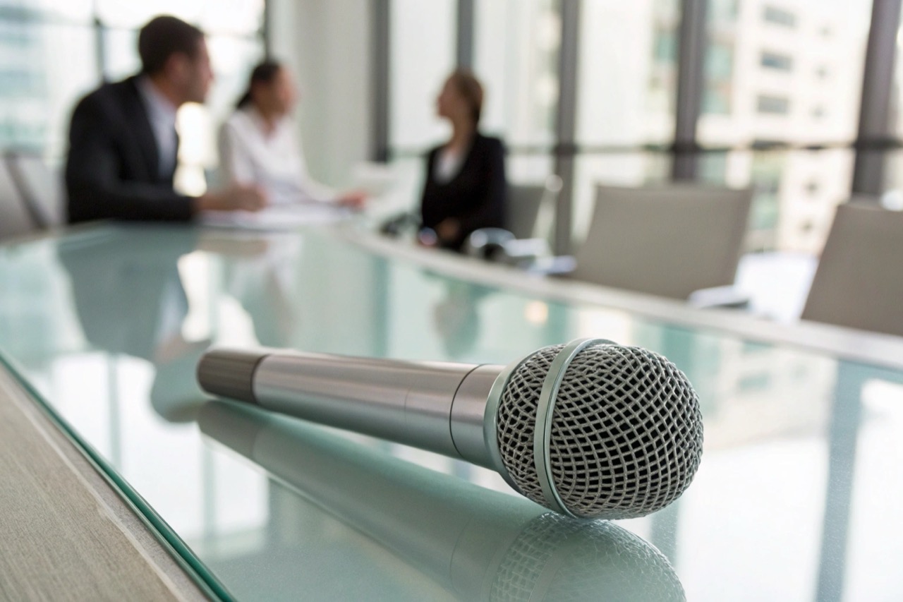 A sleek digital voice recorder resting on a modern corporate meeting table