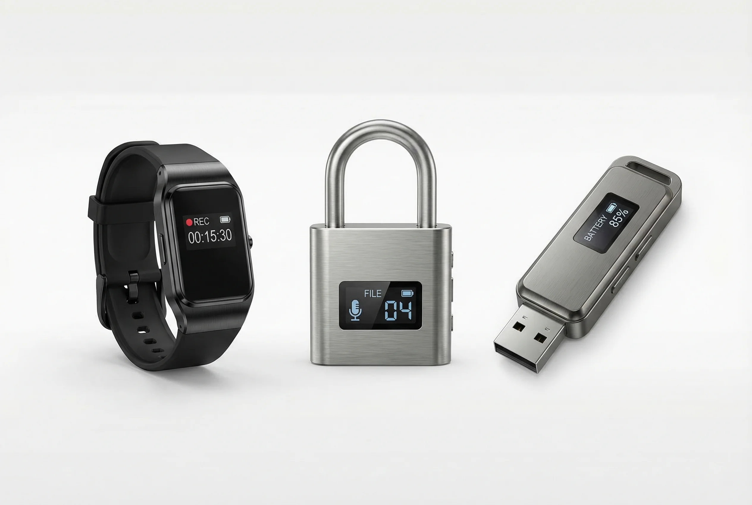 Collection of discreet B2B voice recorders including watch and key shapes