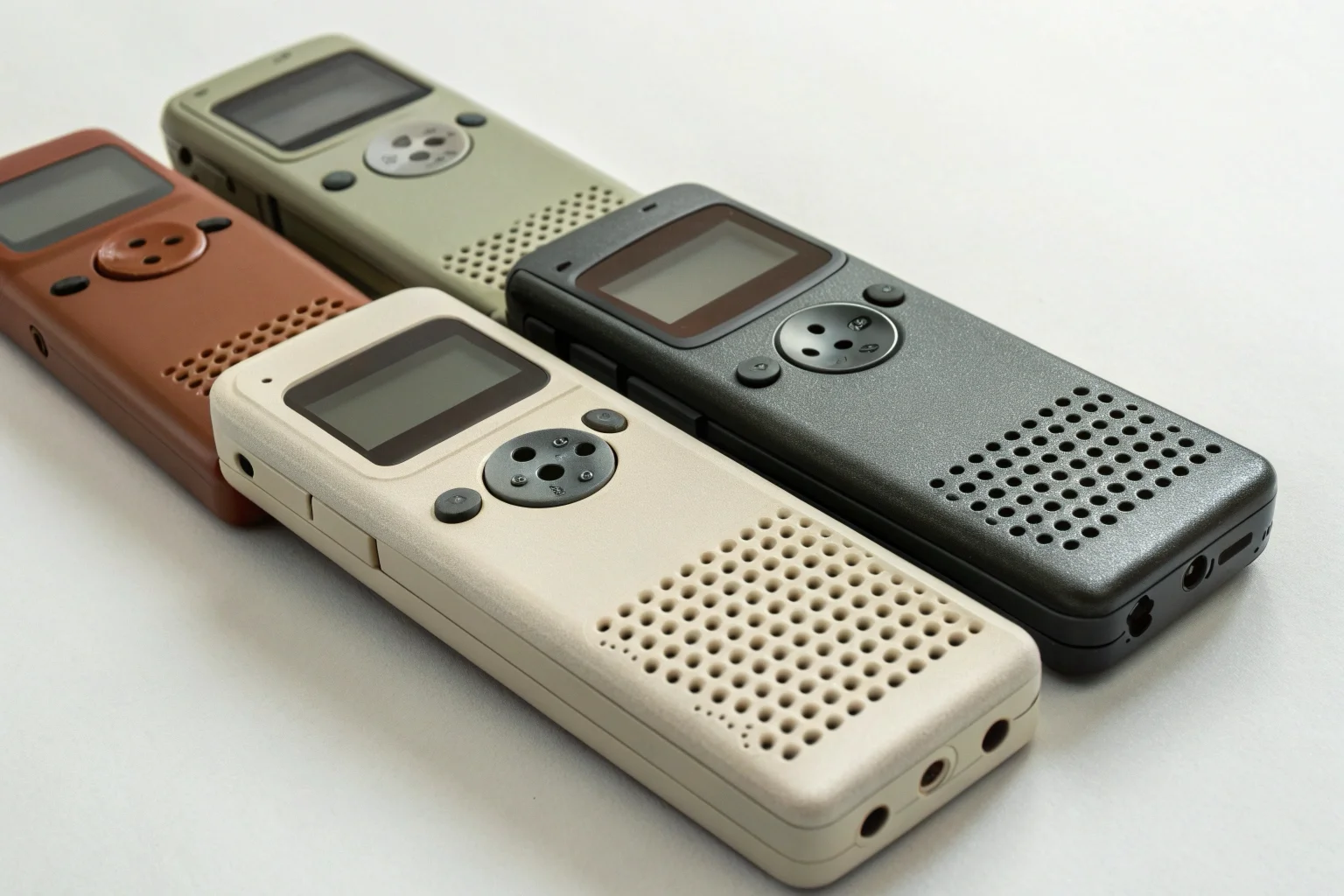 Diversi formati di registratori vocali discreti tra cui portachiavi e orologio