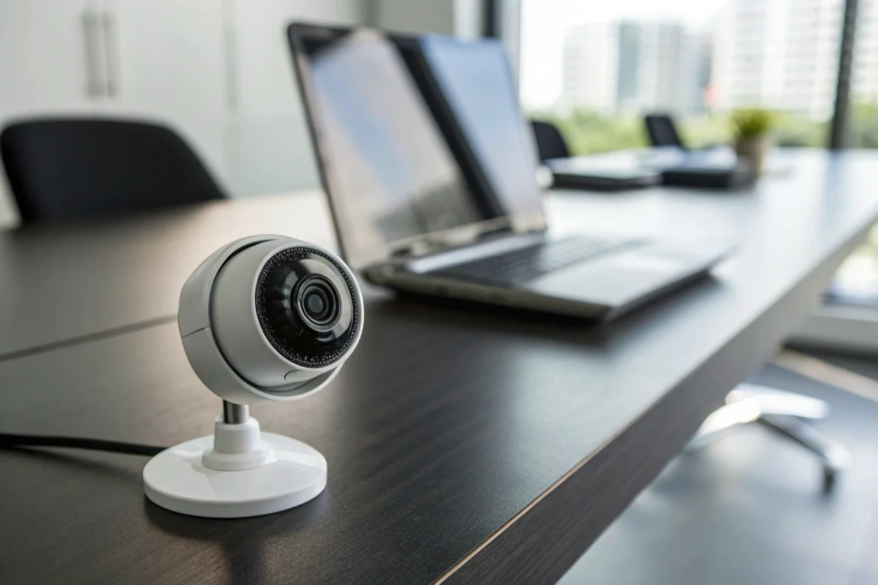 Enterprise grade mini wifi camera on a modern office desk