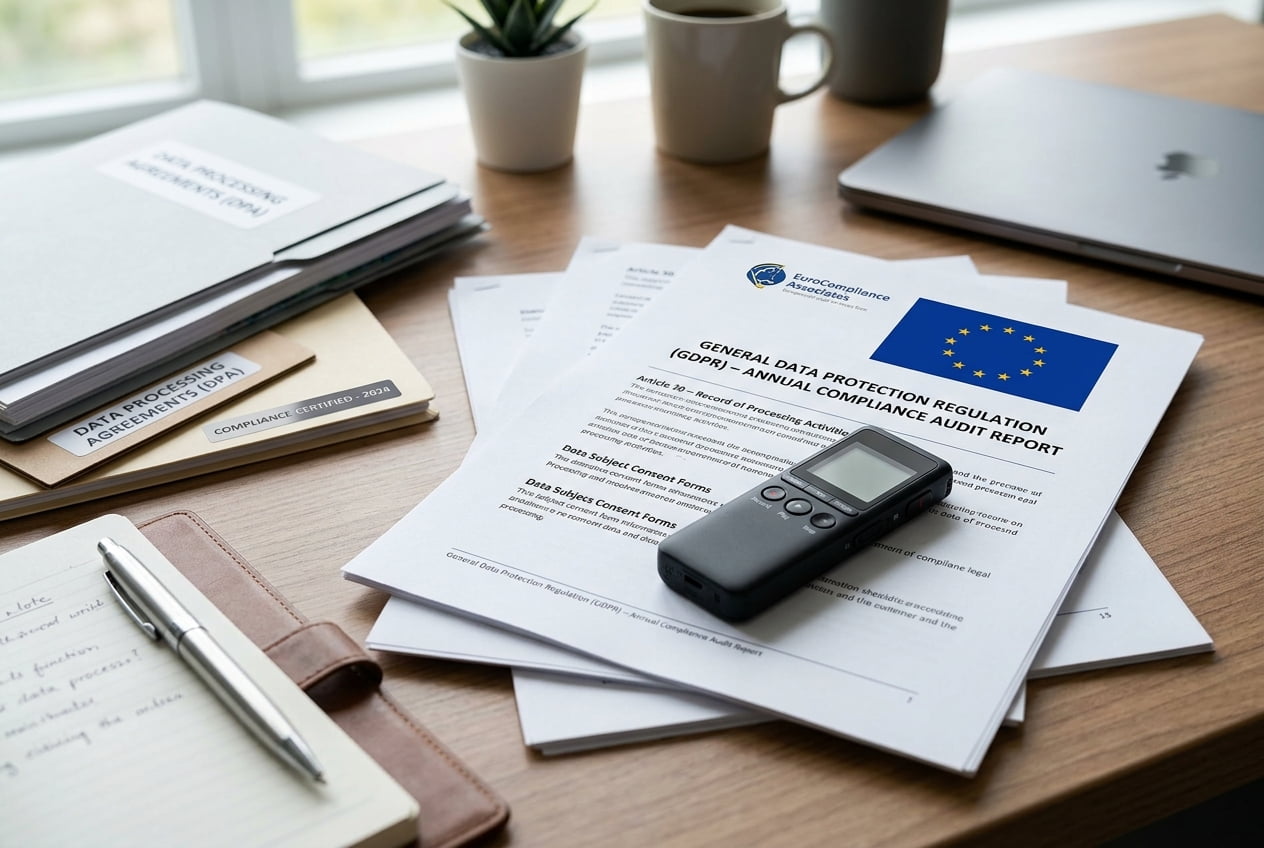 GDPR compliance document next to a discreet audio recorder