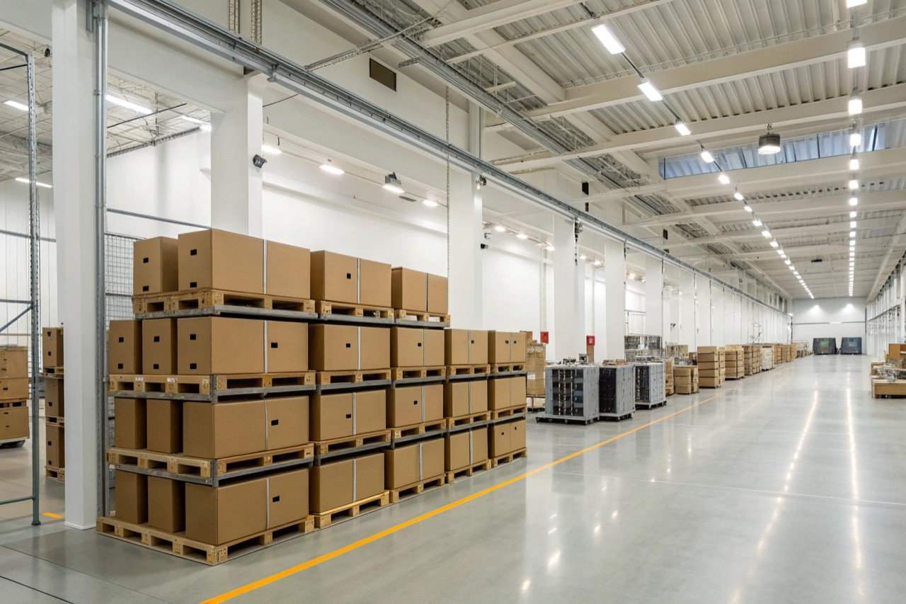 Warehouse shelves stocked with organized electronics boxes in Europe