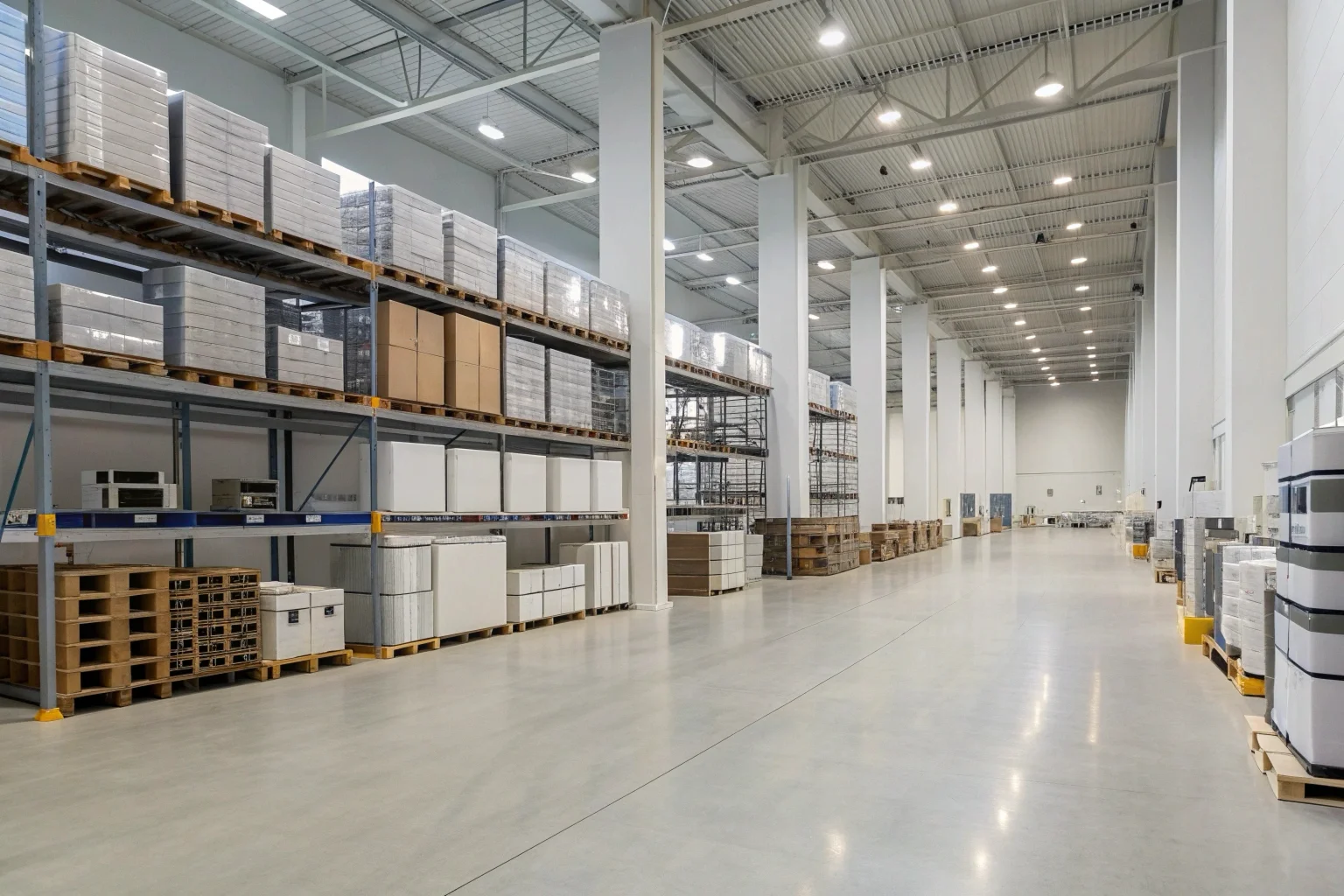 A modern European warehouse storing electronic goods