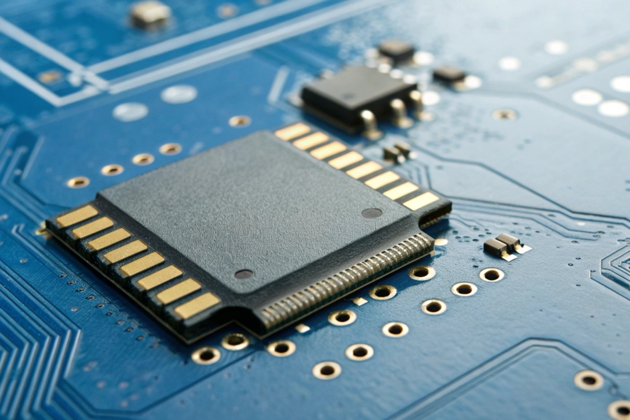 Dettaglio macro della memoria interna e del processore su un circuito hardware pulito