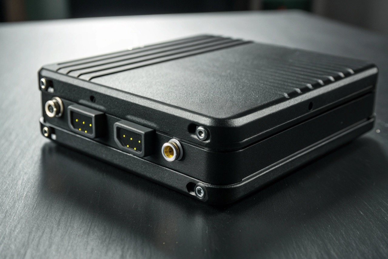 Professional hardwired GPS tracker device on a dark surface