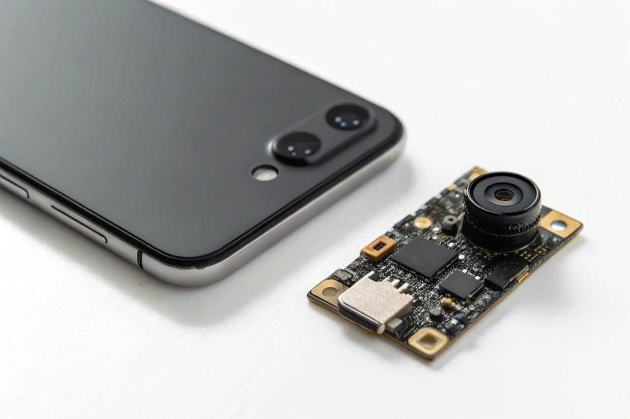 High-tech hidden camera module next to a modern smartphone on a clean white table