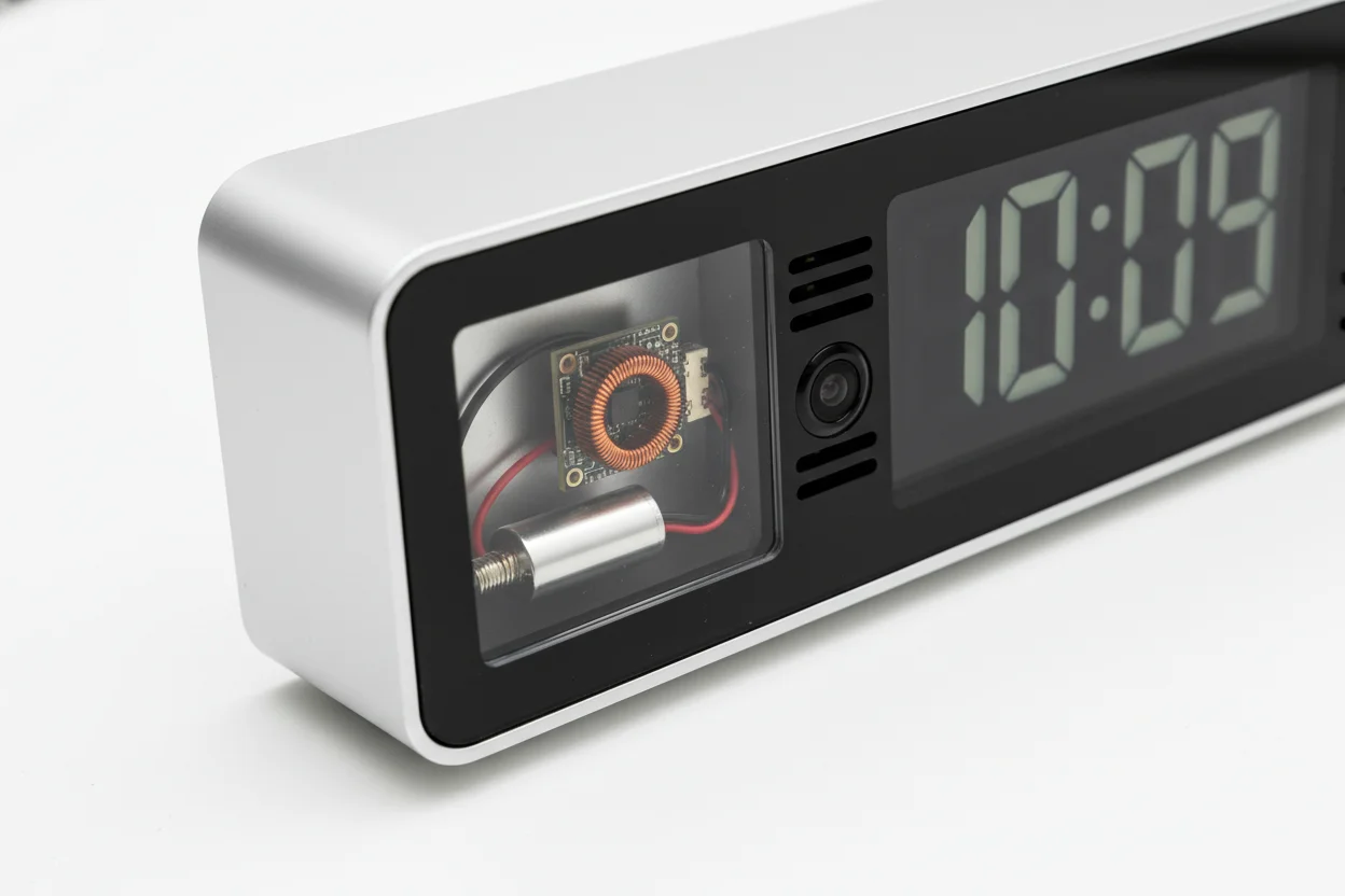 Miniature hidden camera module integrated into a sleek office device