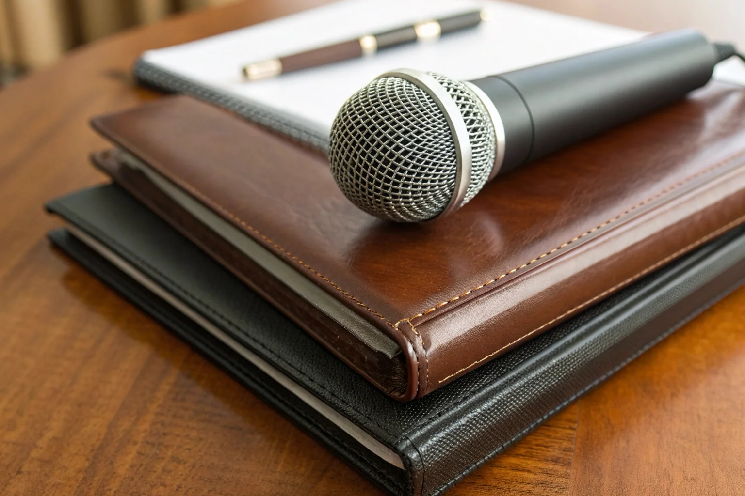 Dettaglio macro di un registratore vocale con fascicoli legali in background