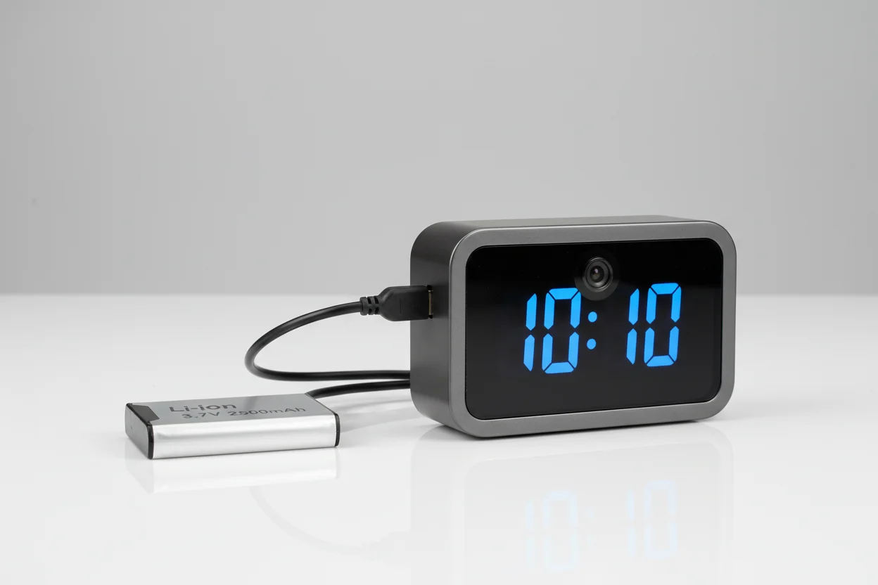 Rechargeable lithium-ion battery powering a small spy clock camera