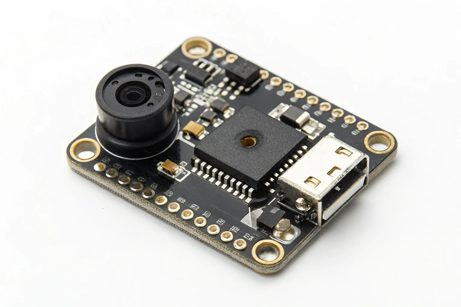 Detailed view of a micro camera module on a testing bench