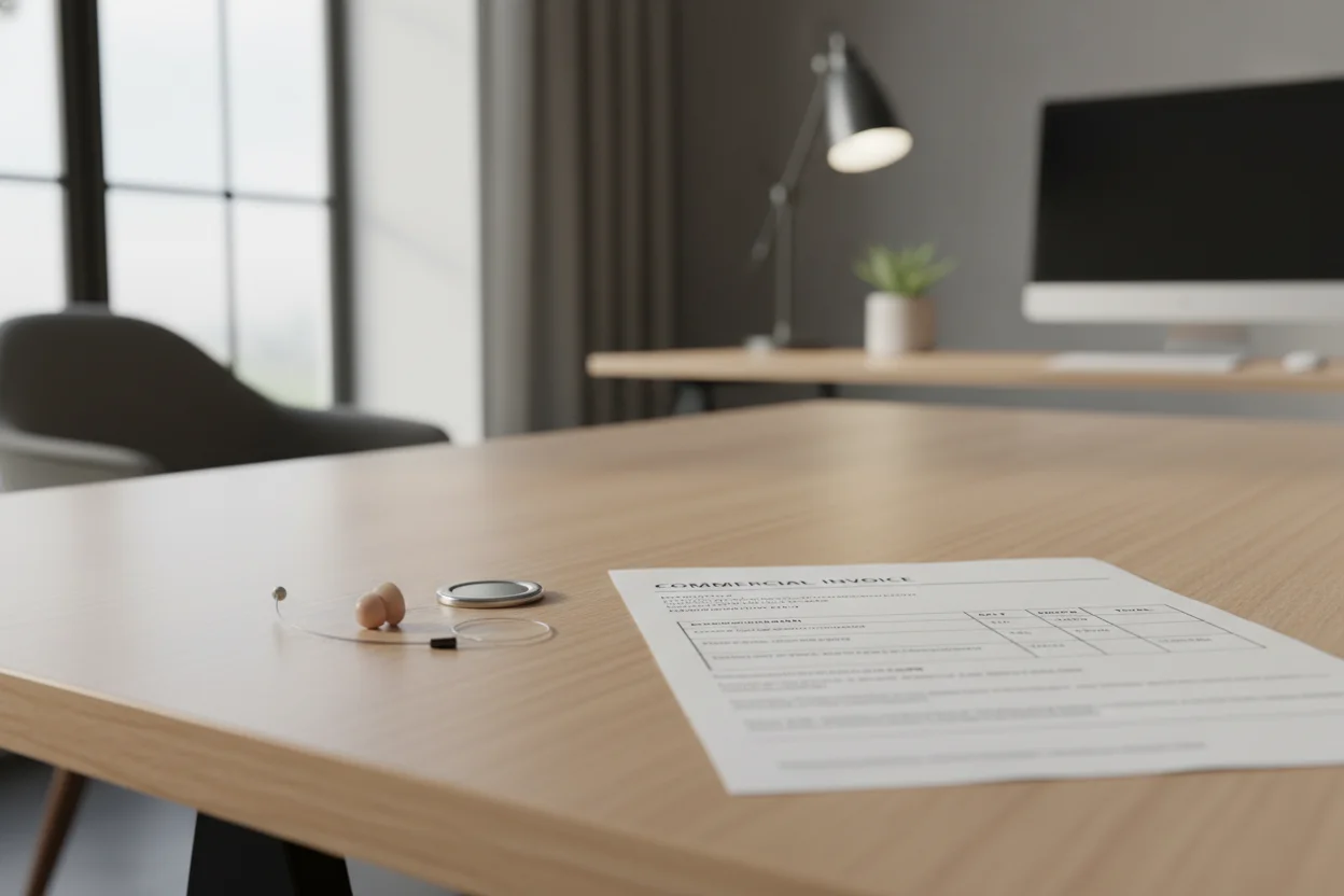 Micro spy earpiece set resting on a desk next to a European commercial invoice