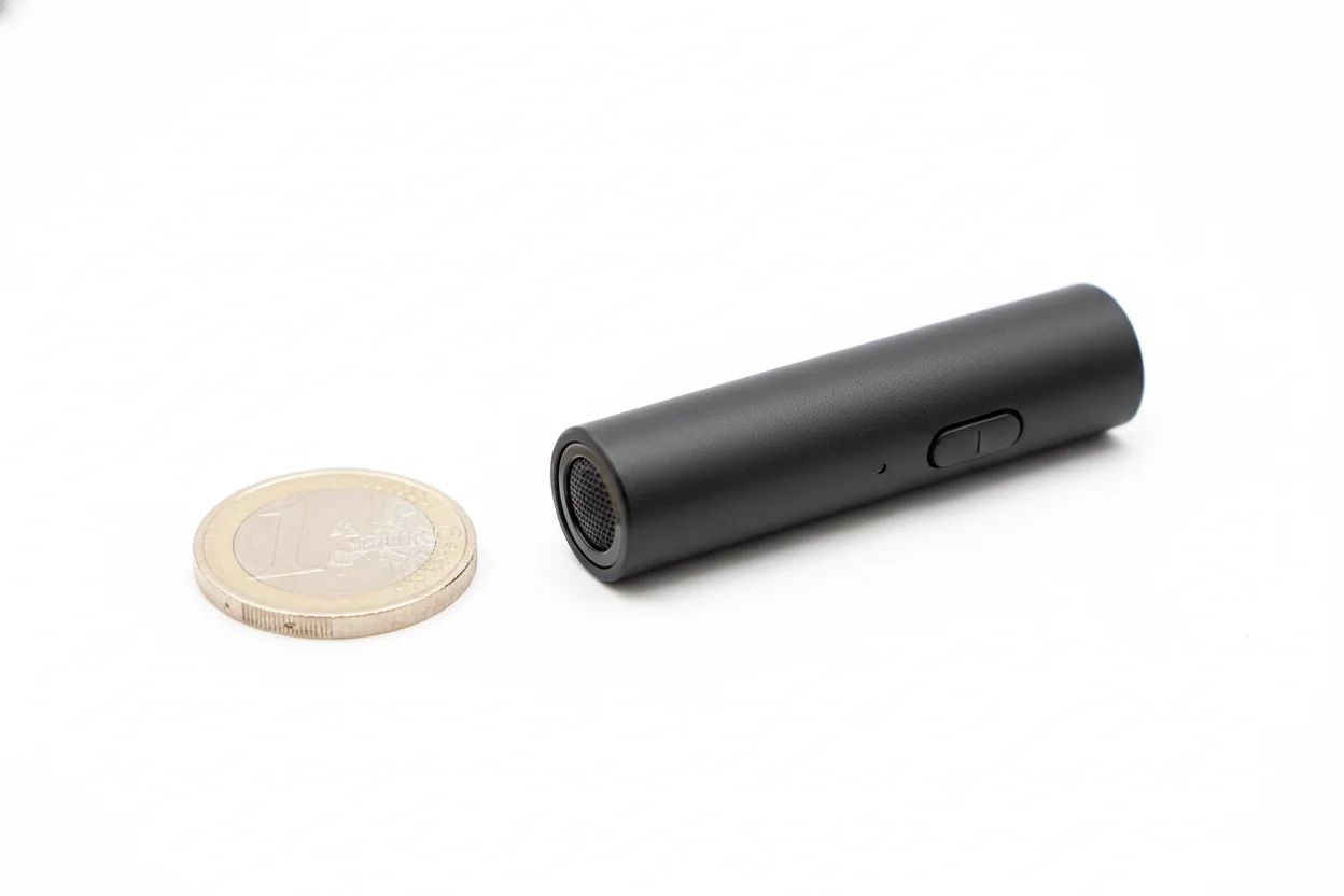 Finger-sized micro voice recorder placed next to a Euro coin for scale