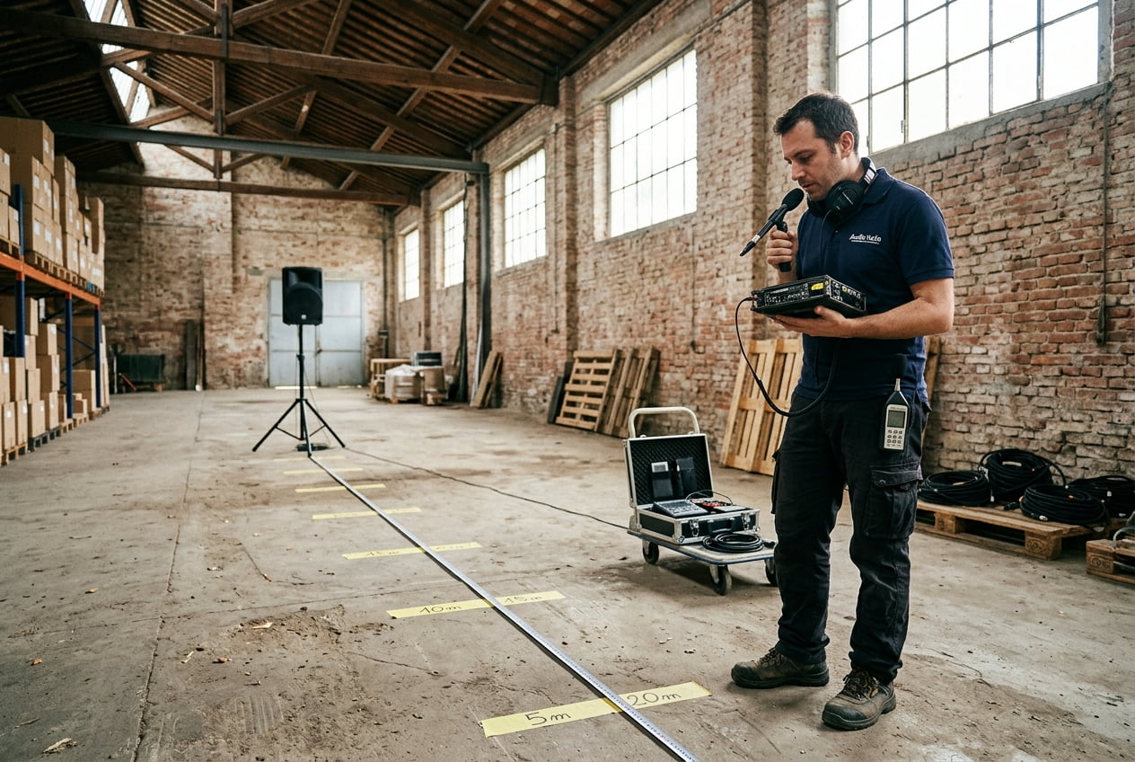 Technician testing microphone range in an Italian warehouse