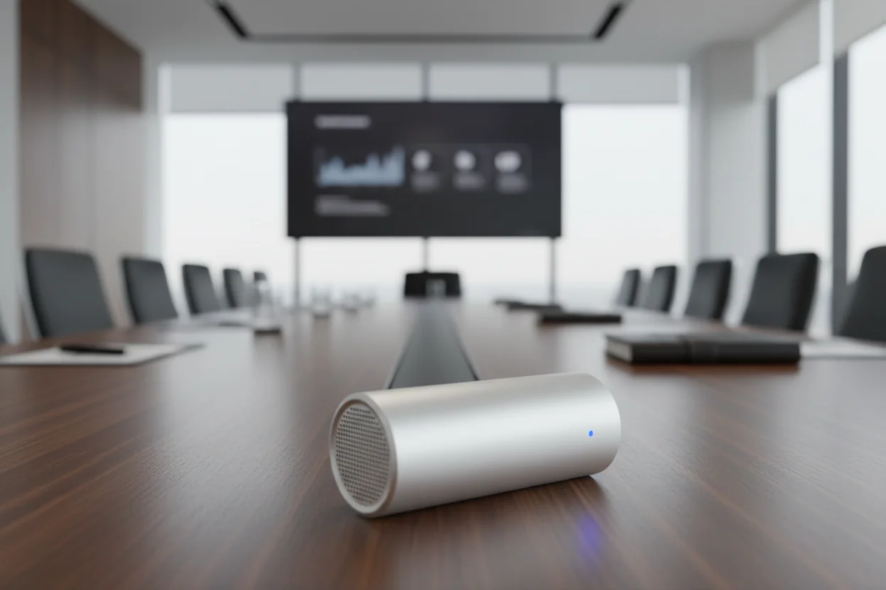 Finger-sized acoustic white noise generator placed on a boardroom table