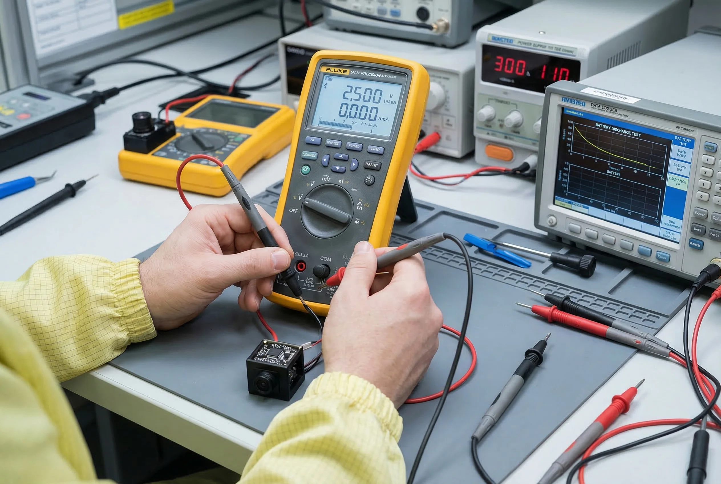Engineer testing the battery life of a miniature spy camera