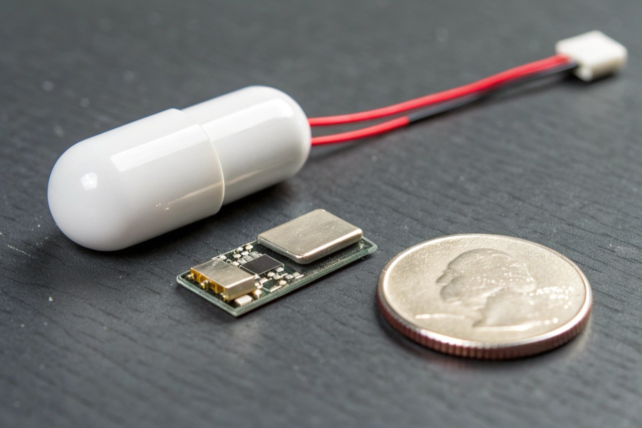 Componenti elettronici miniaturizzati di un localizzatore su uno sfondo tecnico scuro