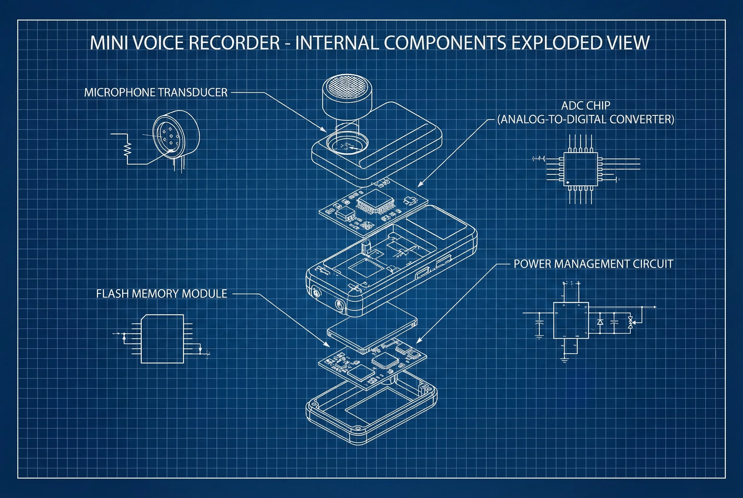 Diagram showing the internal components of a mini voice recorder