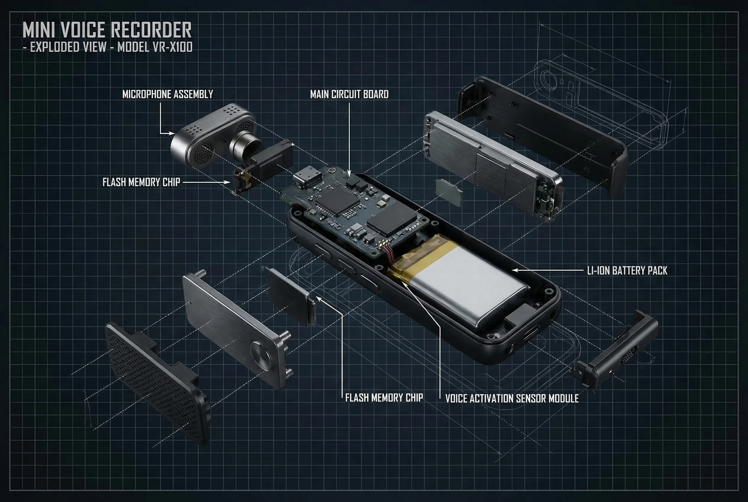 Internal components of a mini voice recorder