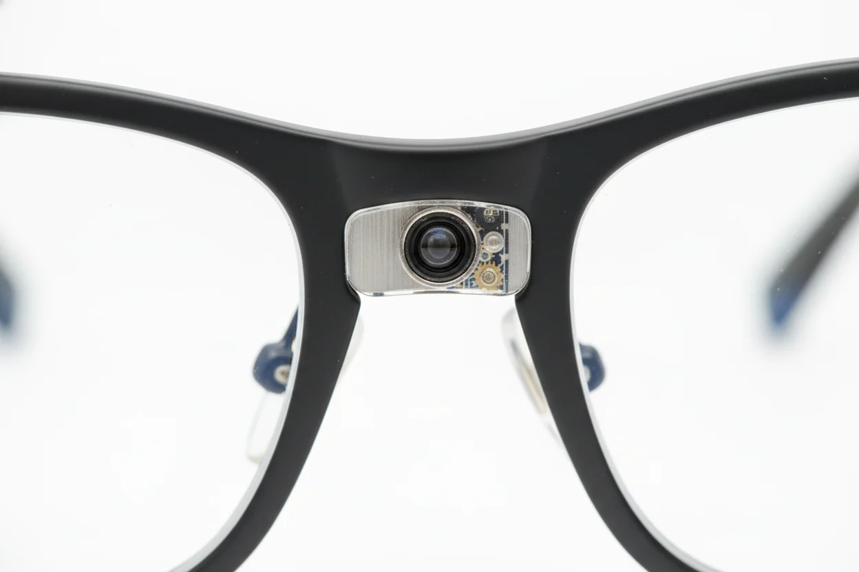Miniature camera lens hidden inside a sleek optical frame