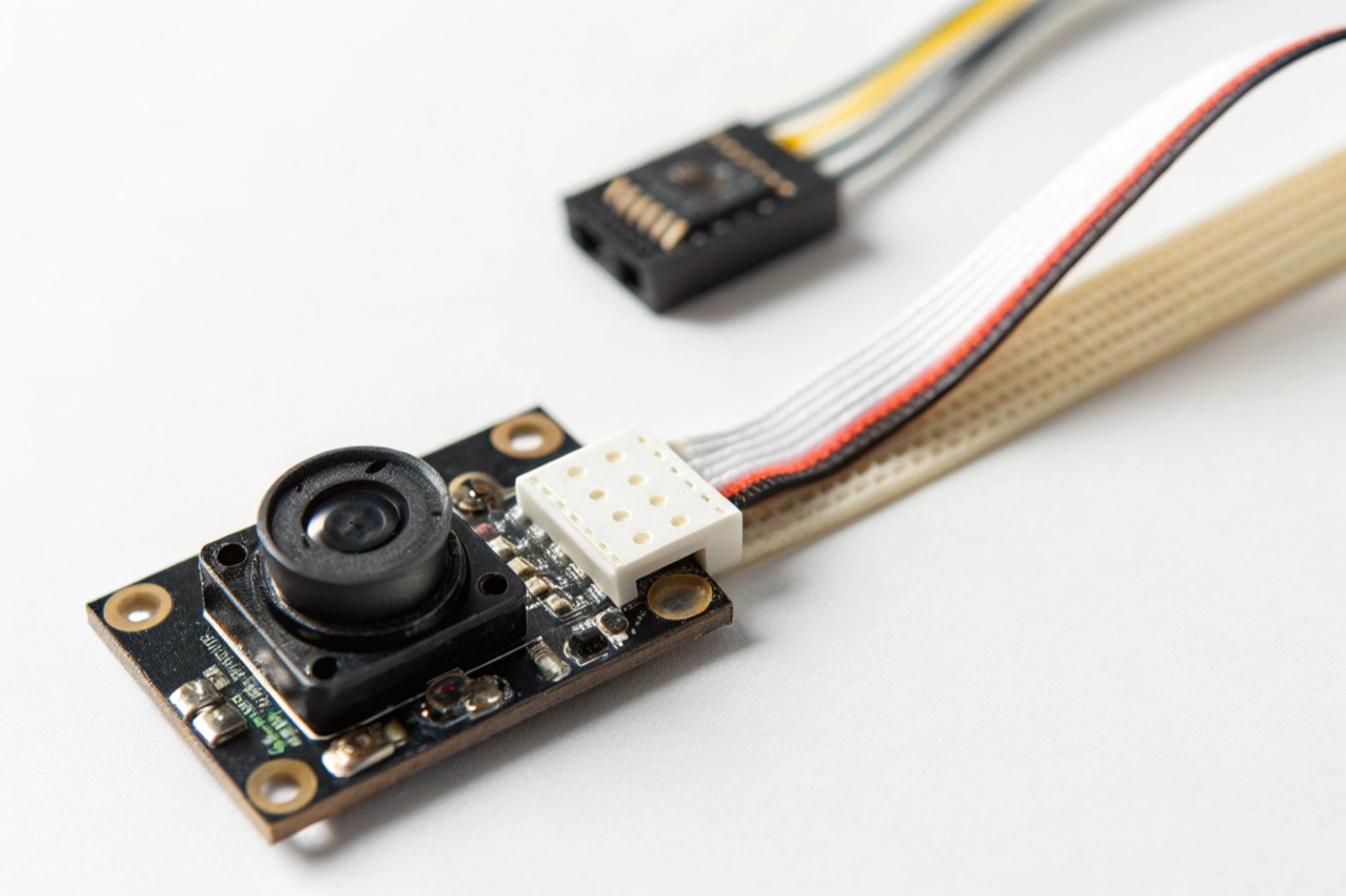 Primo piano di un modulo telecamera spia C10 con obiettivo piccolo e cavo flessibile su sfondo neutro