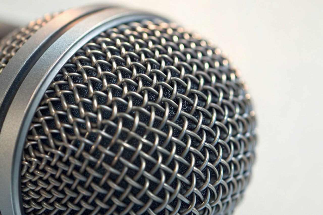 Una fotografia macro ravvicinata della griglia metallica che protegge il microfono omnidirezionale di un dispositivo di registrazione.