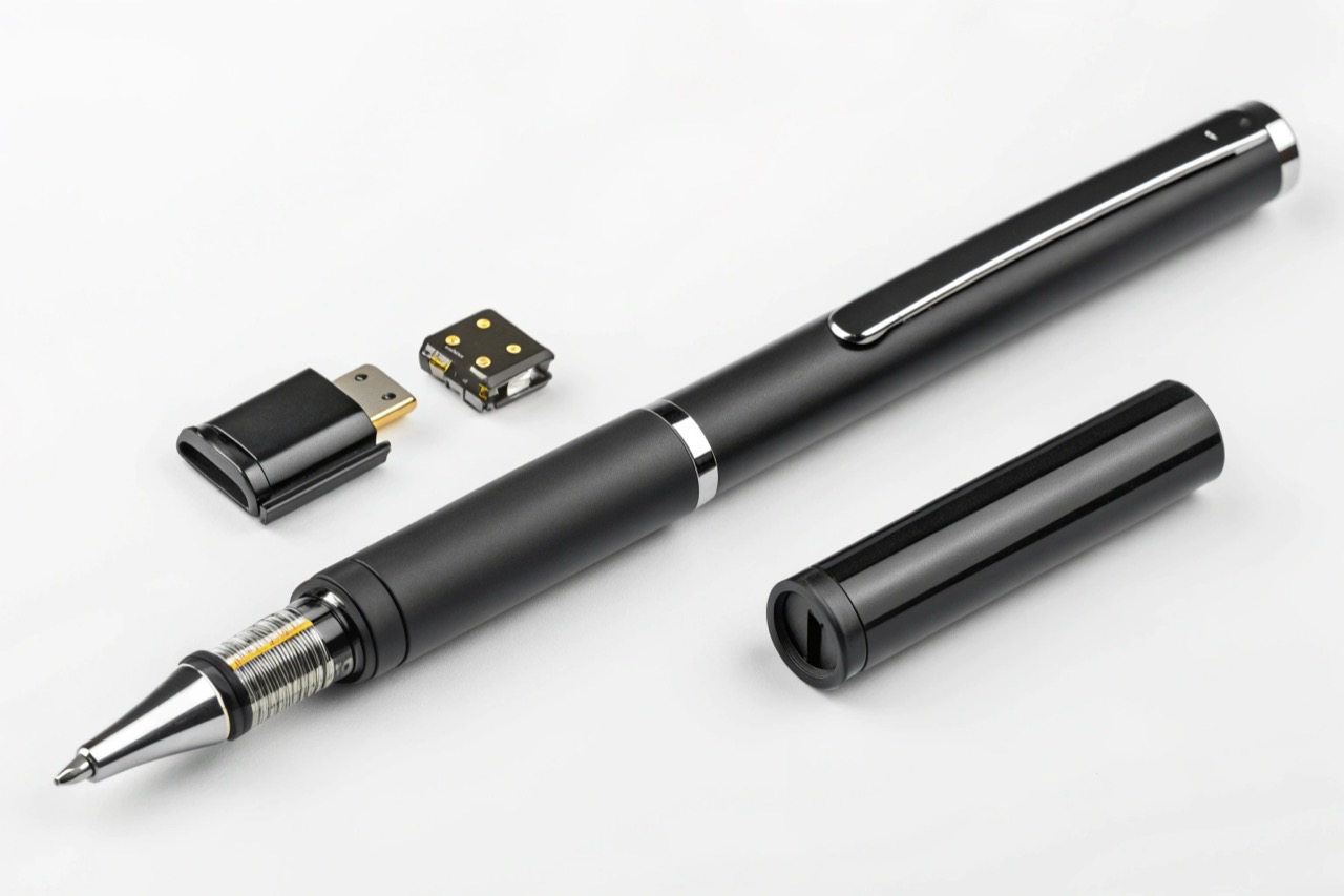 Penna registratore elegante smontata per mostrare la porta USB nascosta e il modulo microfono