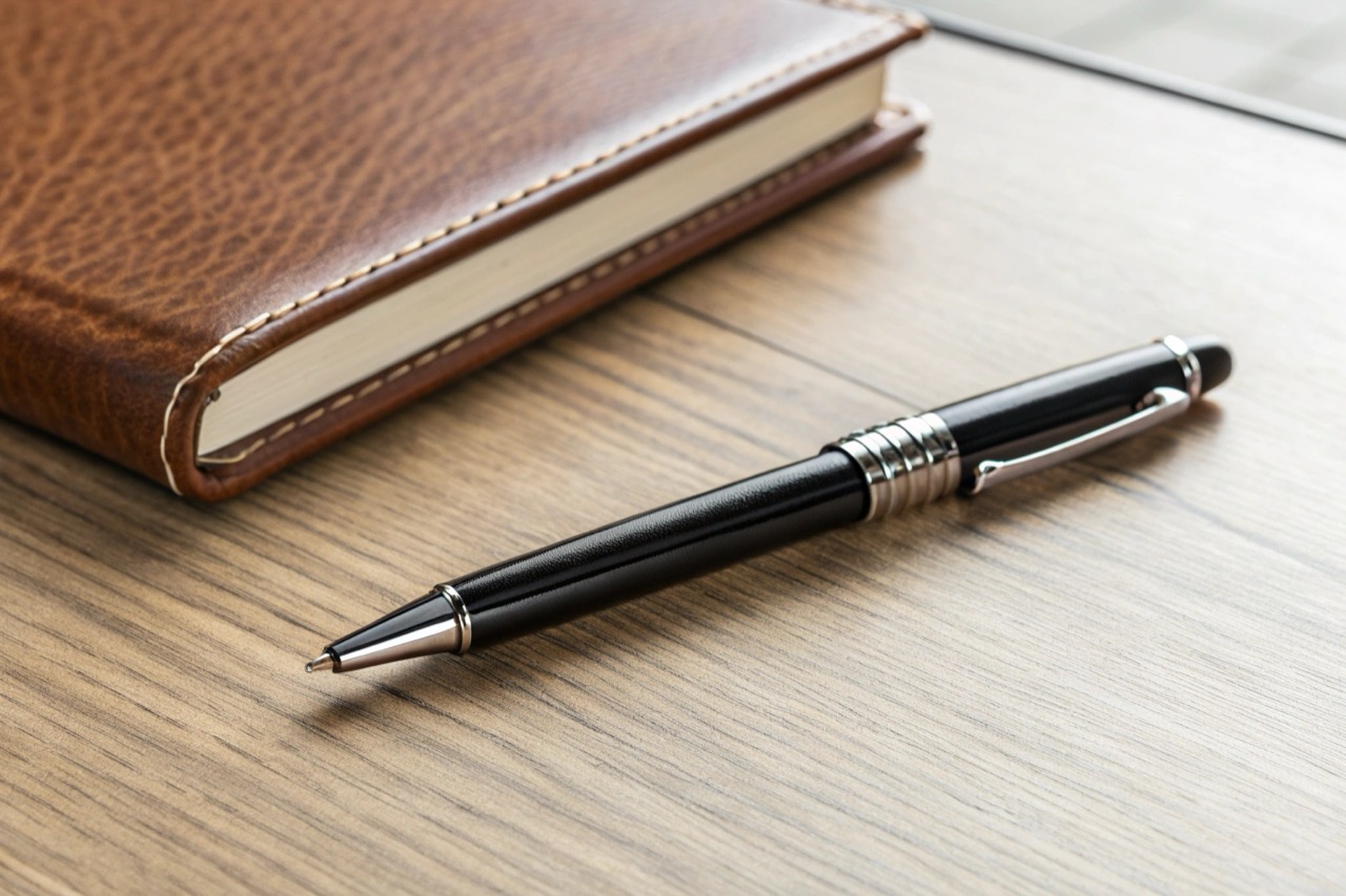 Primo piano di una penna spia nera elegante su una scrivania da ufficio moderna