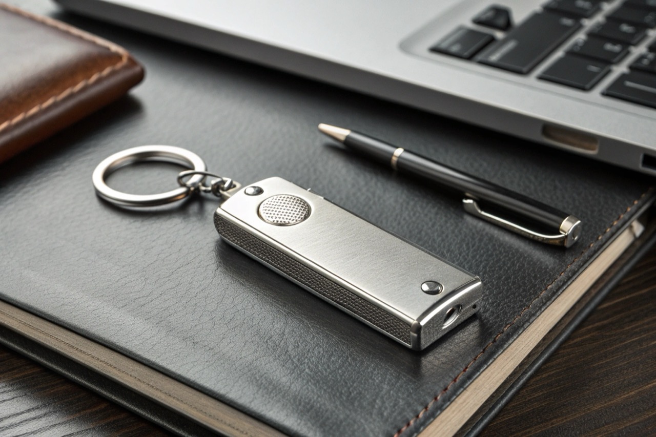 Close up of premium zinc alloy voice recorder keychain on a dark office desk