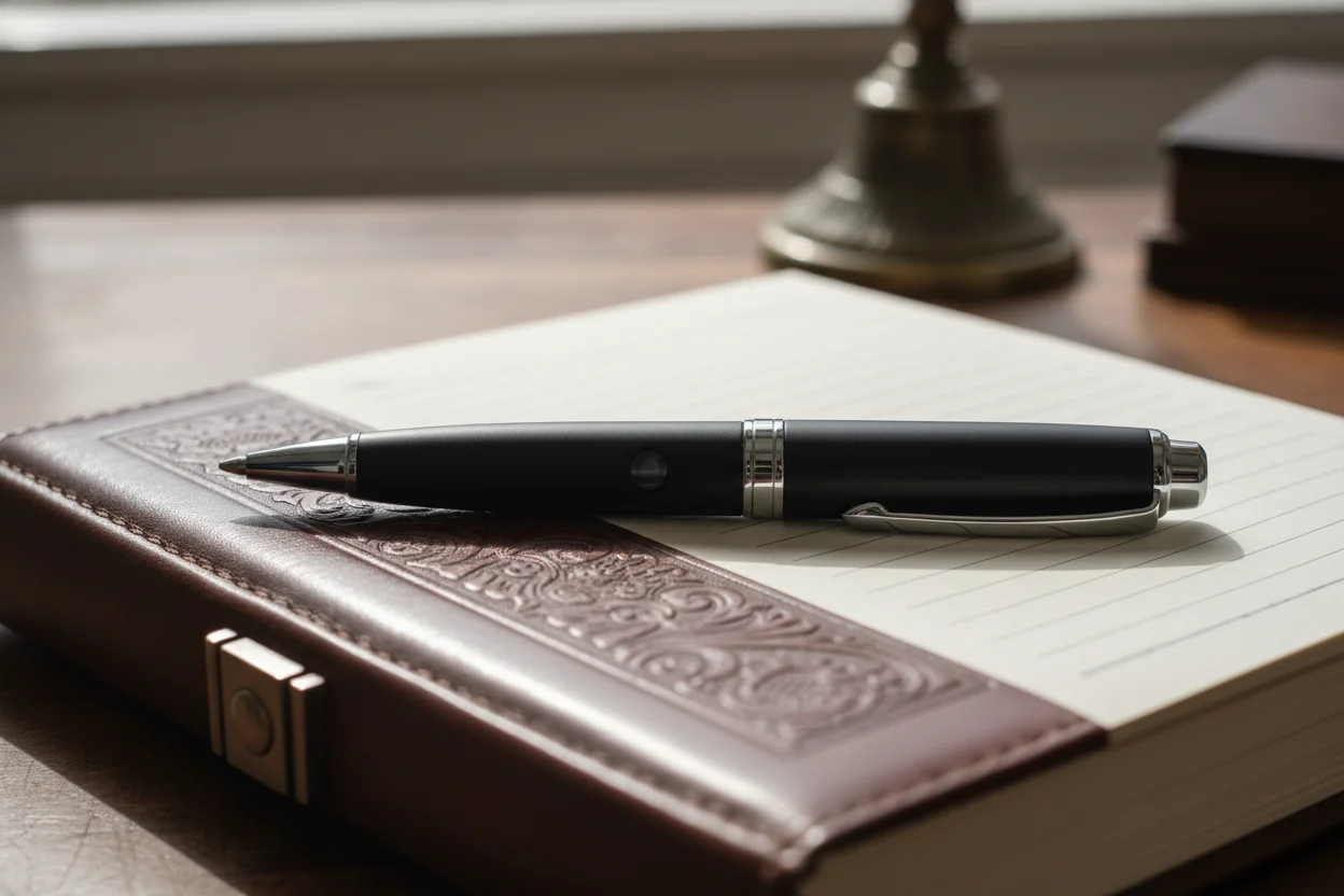 The W8 spy pen camera model showcasing its discreet lens and sleek metallic finish