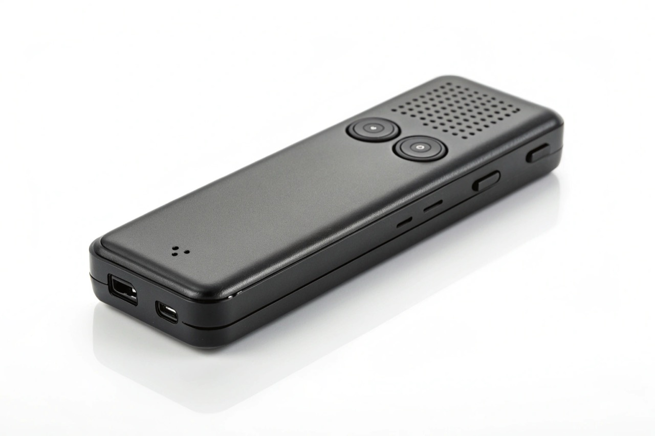 Un registratore vocale professionale di colore nero opaco, piccolo e discreto, appoggiato su una superficie bianca e pulita.