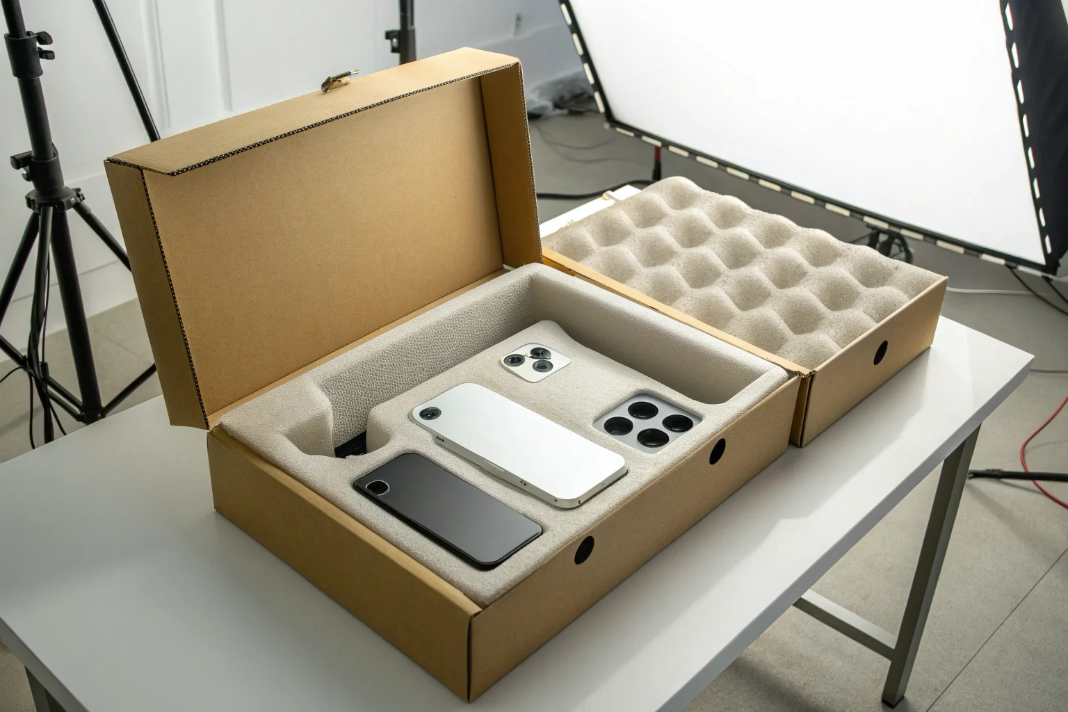 Quality control inspector packing electronics into a branded box