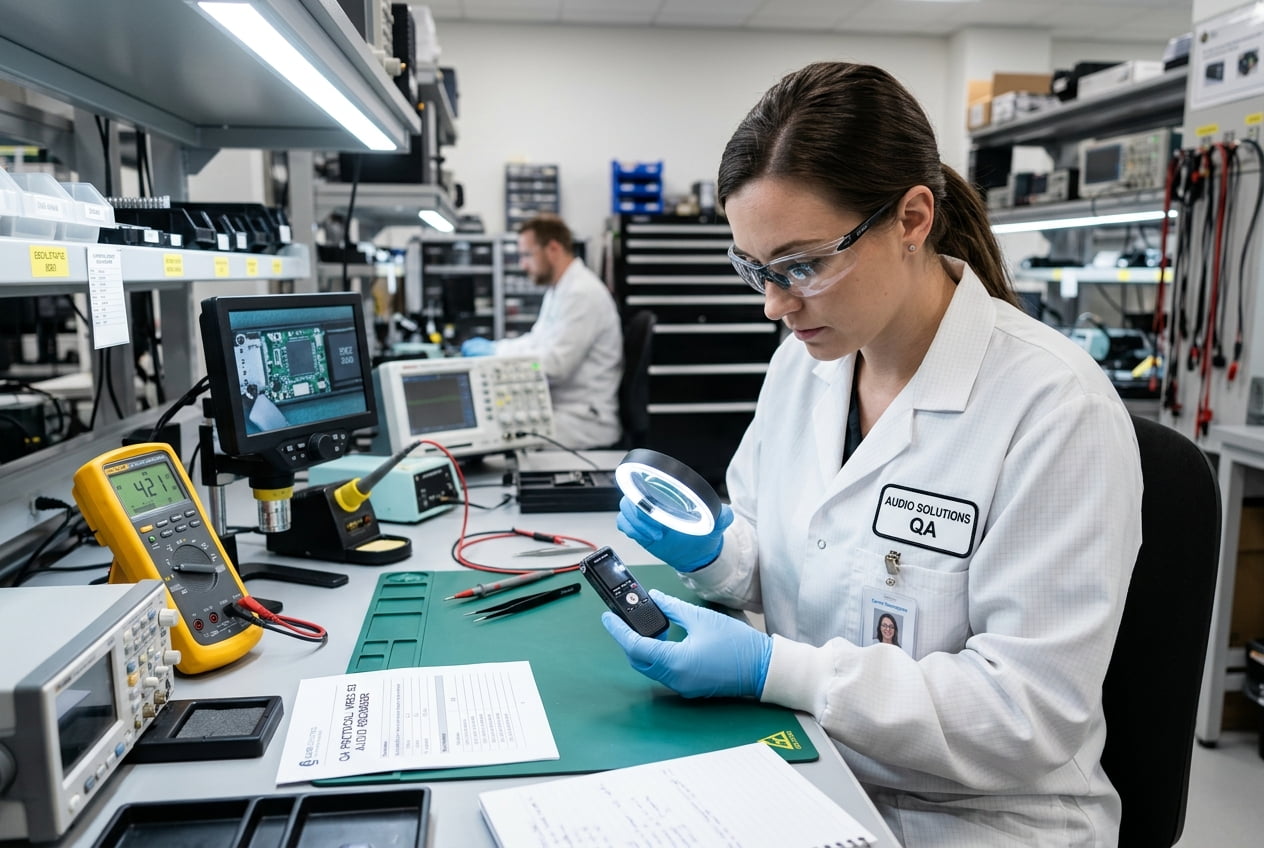 Quality control professional inspecting a spy voice recorder