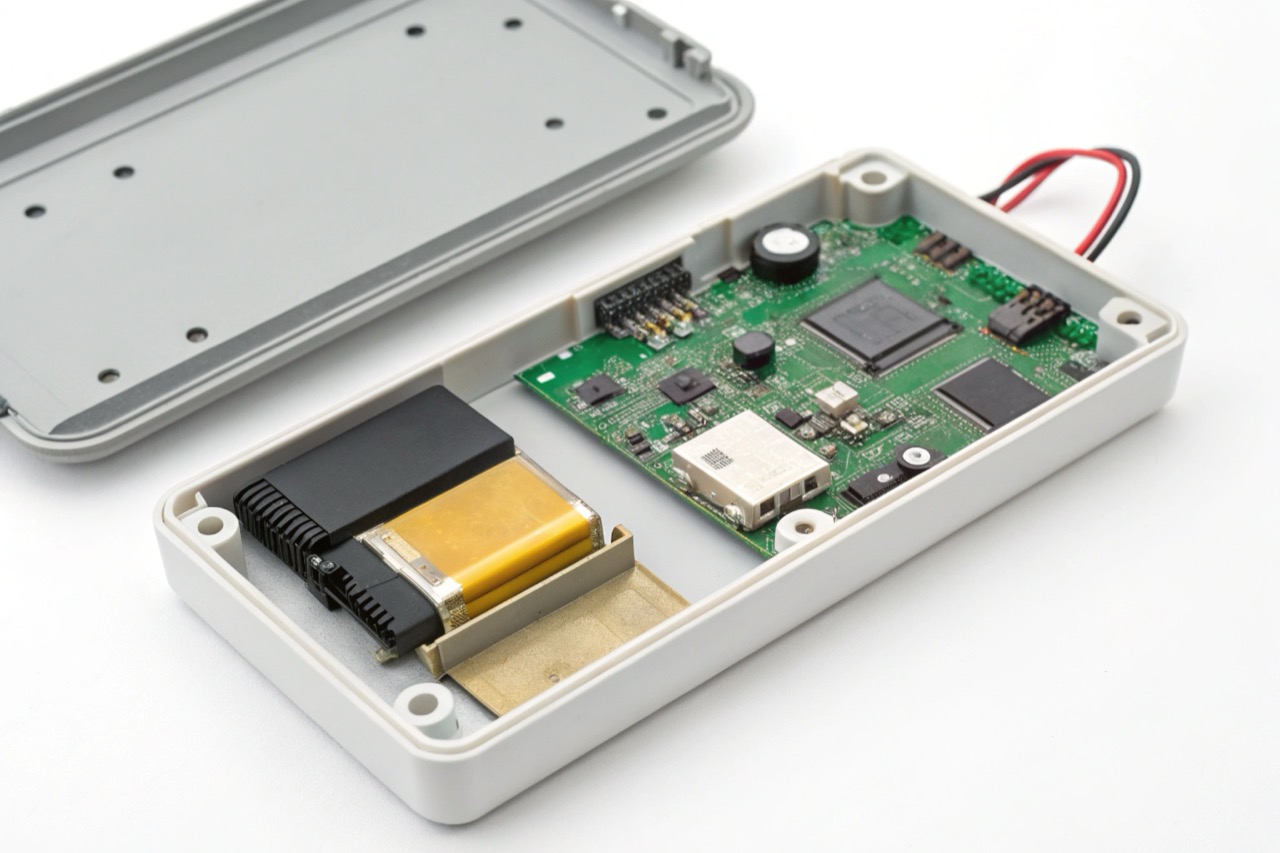 Internal view of a voice recorder circuit board showing battery and chip components